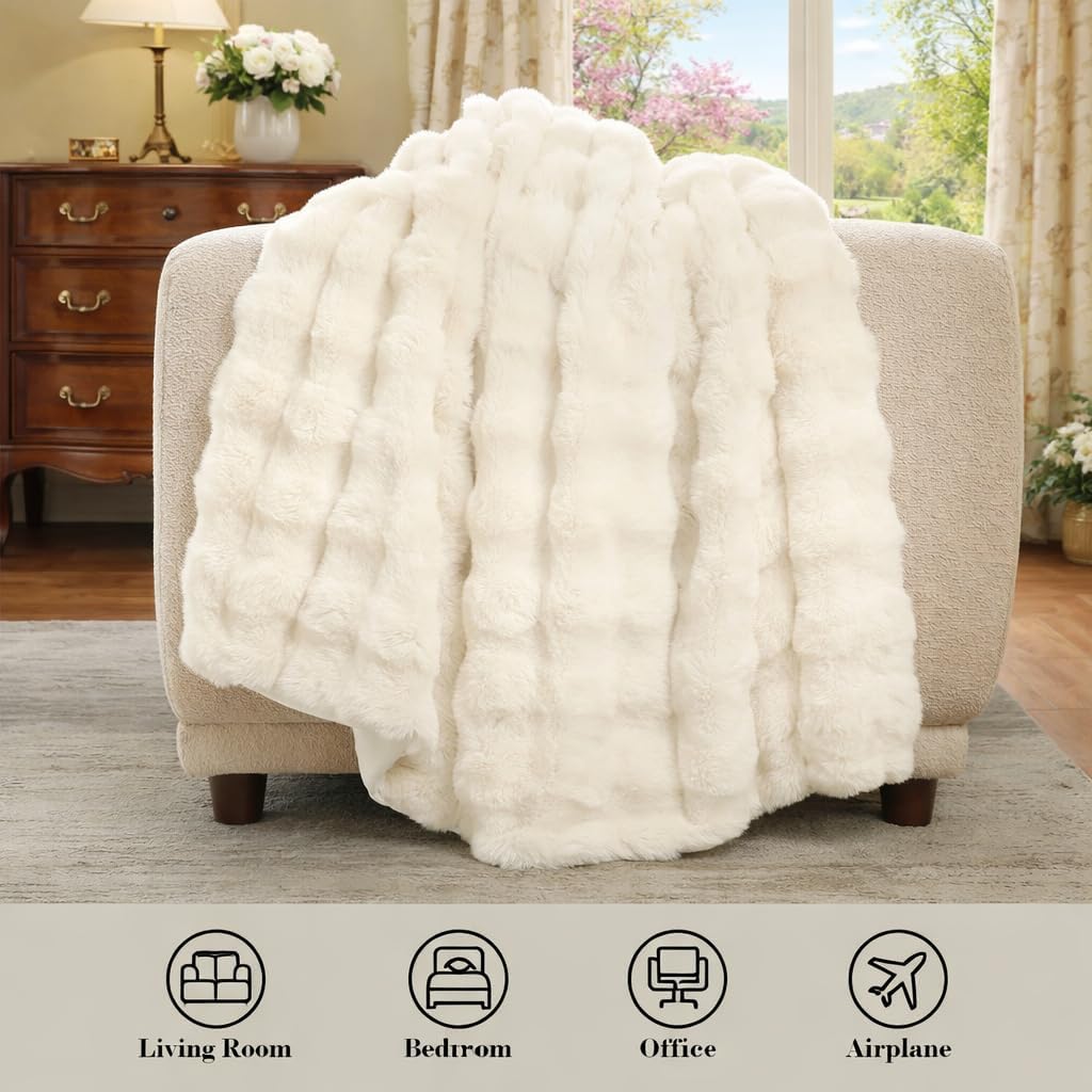 Cream White Faux Fur Bubble Throw Blanket