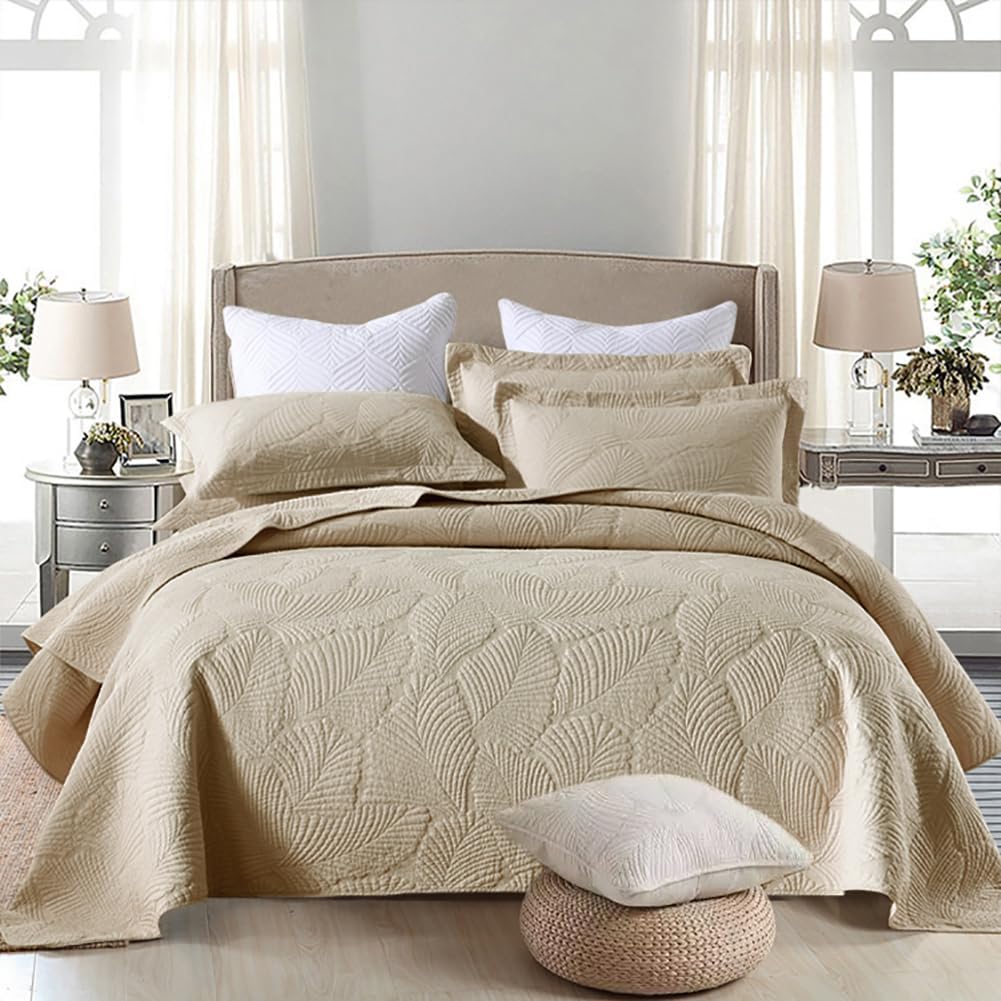Khaki Tropical Palm Queen Cotton Quilt Set