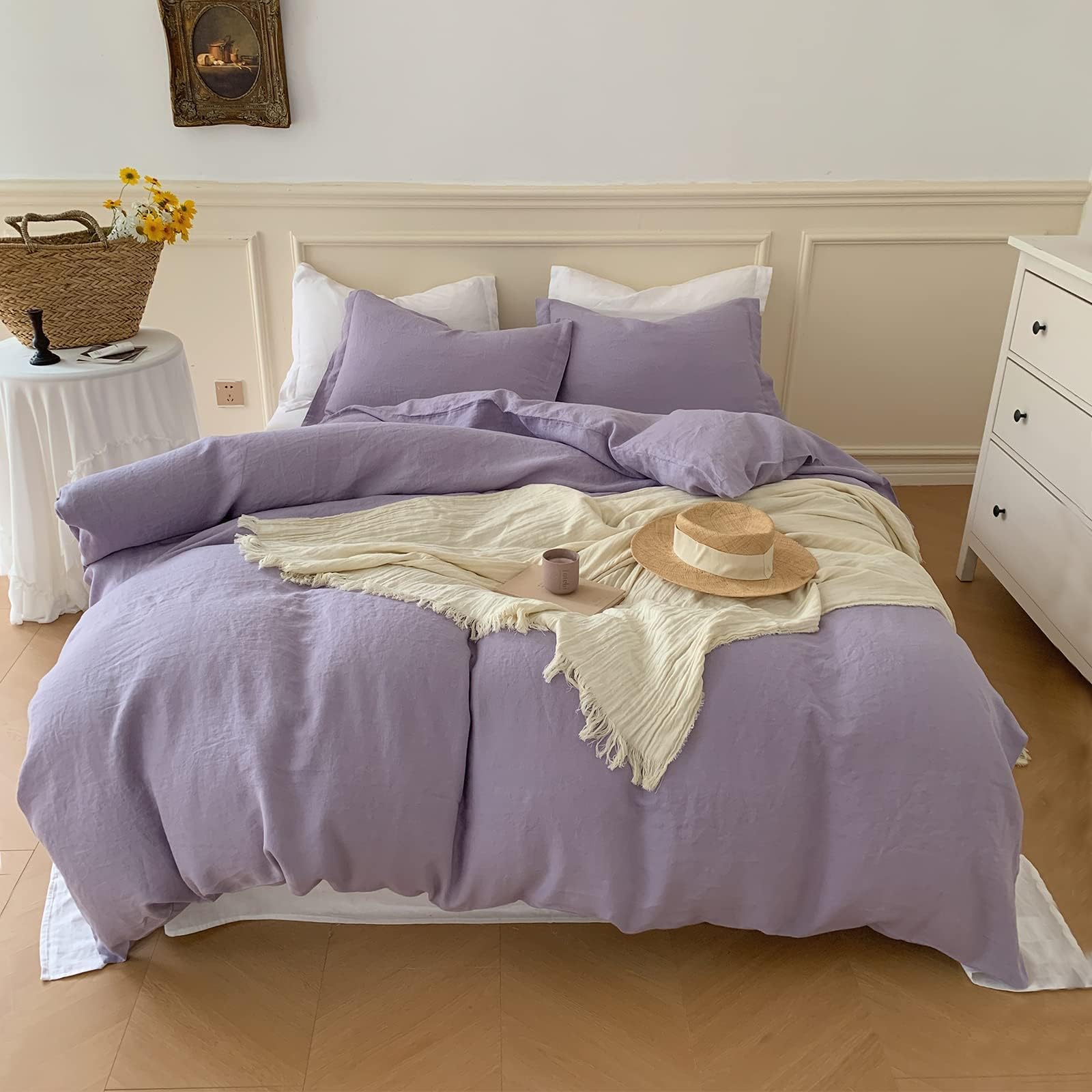 Simple&Opulence 100% Linen Duvet Cover Set, 3 PCS Natural French Flax Duvet Cover King Size, Breathable Soft Comfy Bedding Comforter Cover with 2 Pillowcases(Linen, 104"x92")