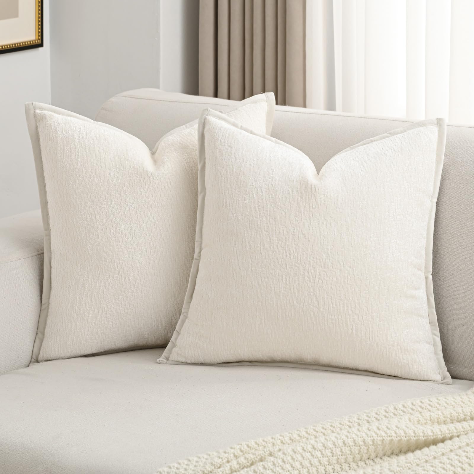 FUTEI Light Blue Chenille Throw Pillow Covers 26x26 Inch Set of 2,Soft Cozy Bound Edge Design Euro Pillow Sham,Home Decor for Couch Bed Living Room