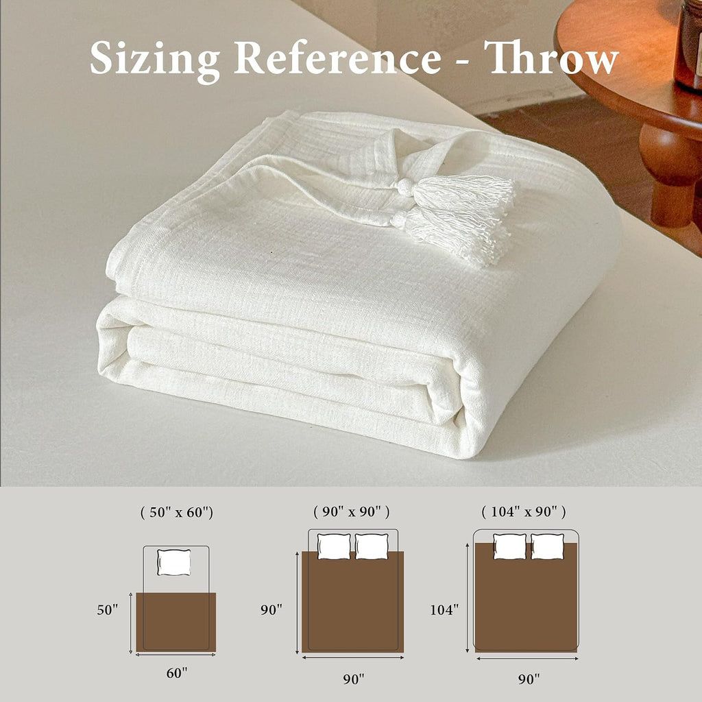 Simple&Opulence Linen Cotton Throw Blanket with Tassels, Double-Layer Knit Flax Blend Blanket Super Soft Lightweight Breathable Decorative Farmhouse for Couch Sofa Bed (90"X90",White)