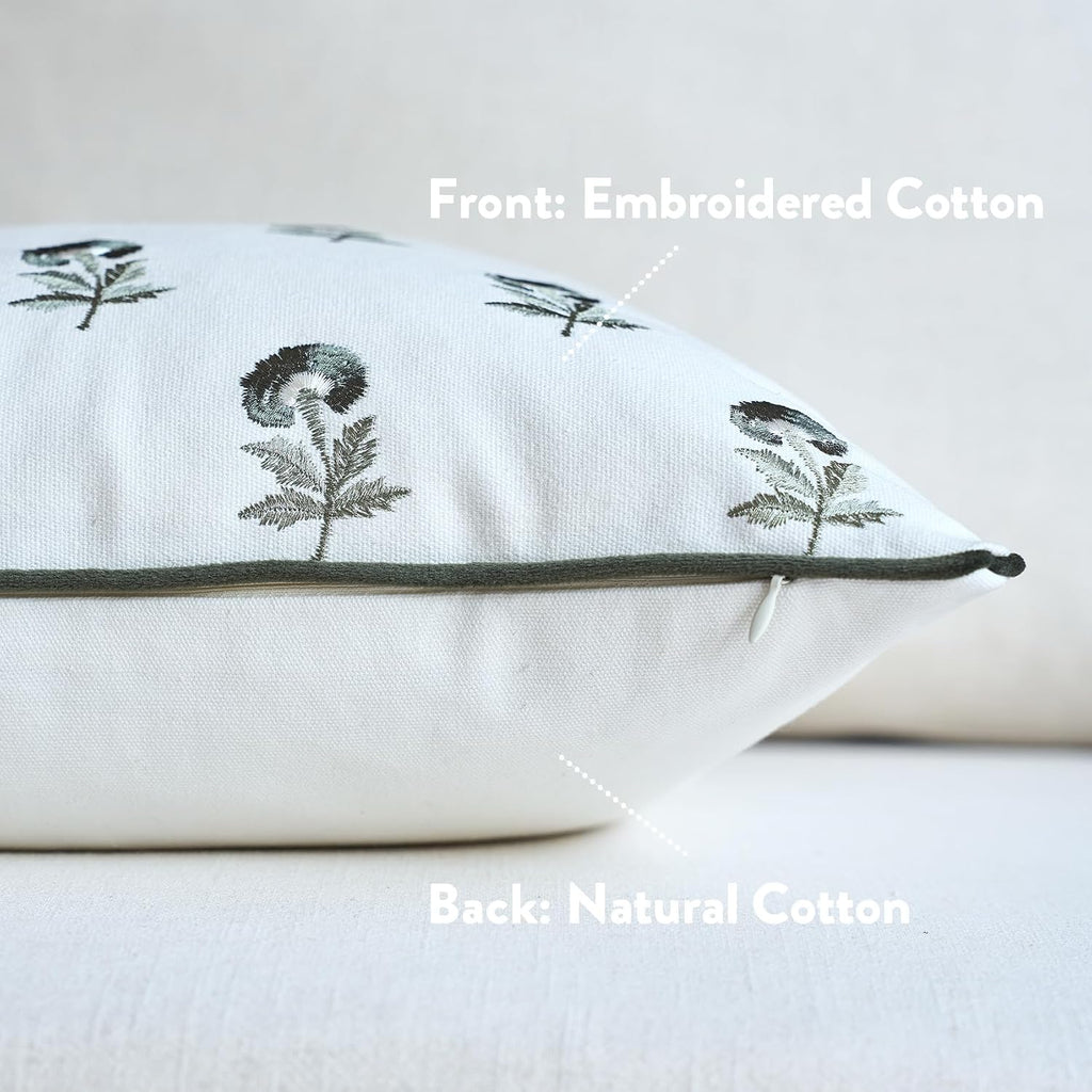 FIOUOVO Embroidered Floral Pillow Covers 24x 24 Set of 2 Cotton Farmhouse Throw Pillow Covers with Piping Edge Decorative Cushion Covers for Sofa Couch Bedroom Living Room, Olive Green