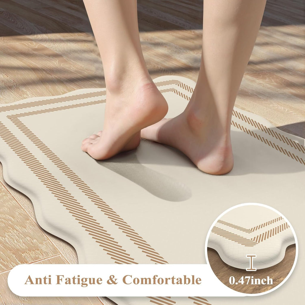 Beige Scalloped Boho 2-Piece Anti Fatigue Kitchen Mat Set