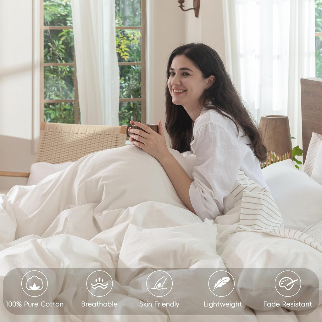MooMee Bedding Duvet Cover Set 100% Washed Cotton Linen Like Textured Breathable Durable Soft Comfy (Solid Off White, Palatial King/Oversized King 120"x98")