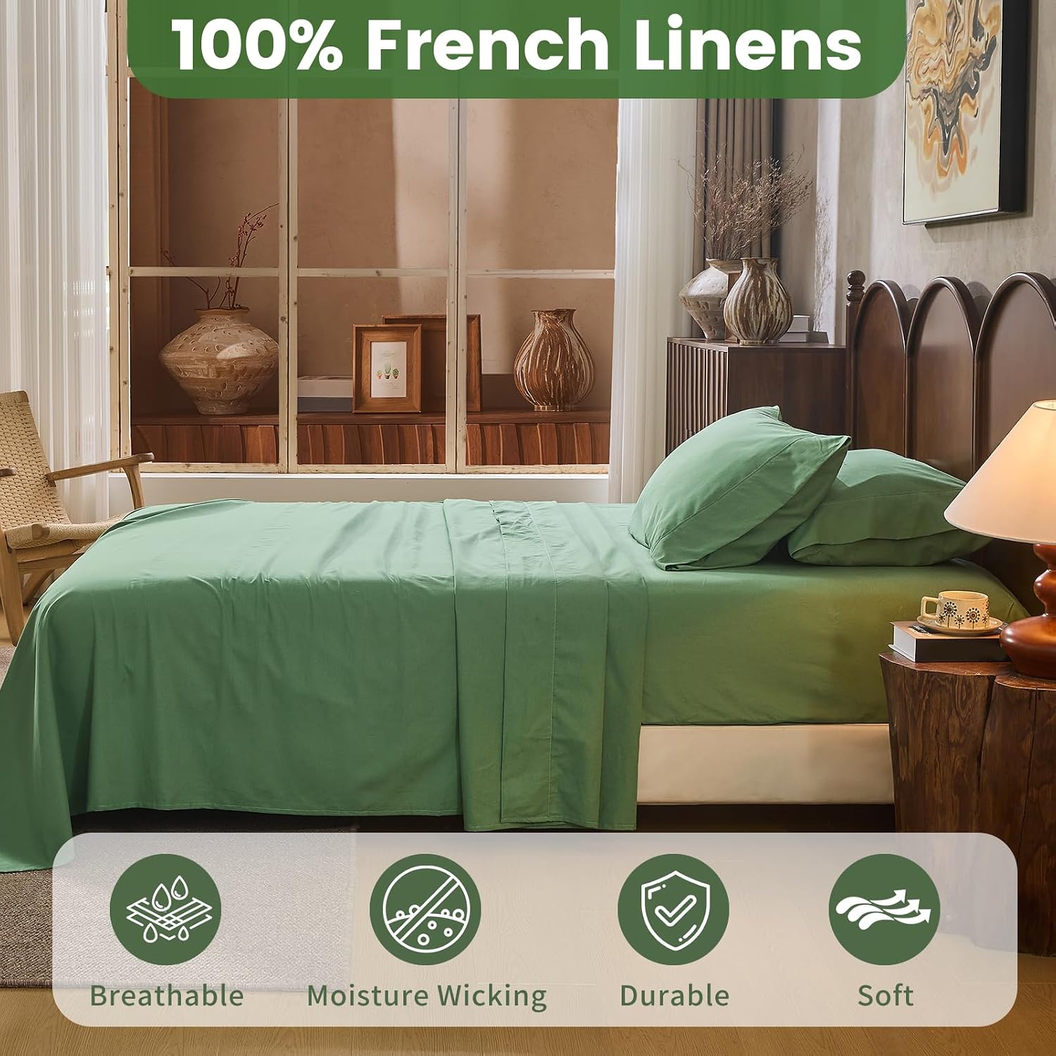 100% Linen Sheets Queen Size,Breathable & Durable 4-Piece Bed Flax Sheet Set,Soft All-Season Bedding for Hot Sleepers 16" Deep Pocket Oeko-TEX Certified,（Queen, Sage Green）