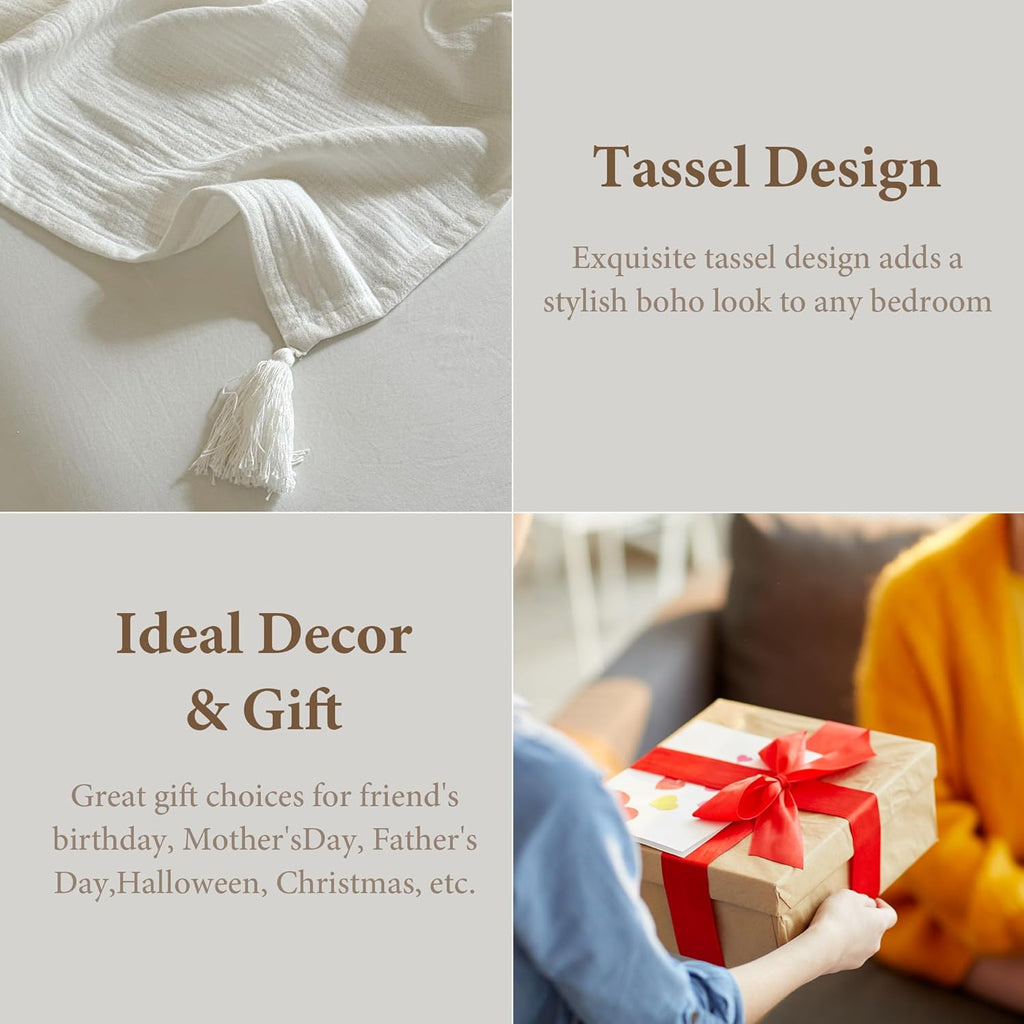Simple&Opulence Linen Cotton Throw Blanket with Tassels, Double-Layer Knit Flax Blend Blanket Super Soft Lightweight Breathable Decorative Farmhouse for Couch Sofa Bed (90"X90",White)