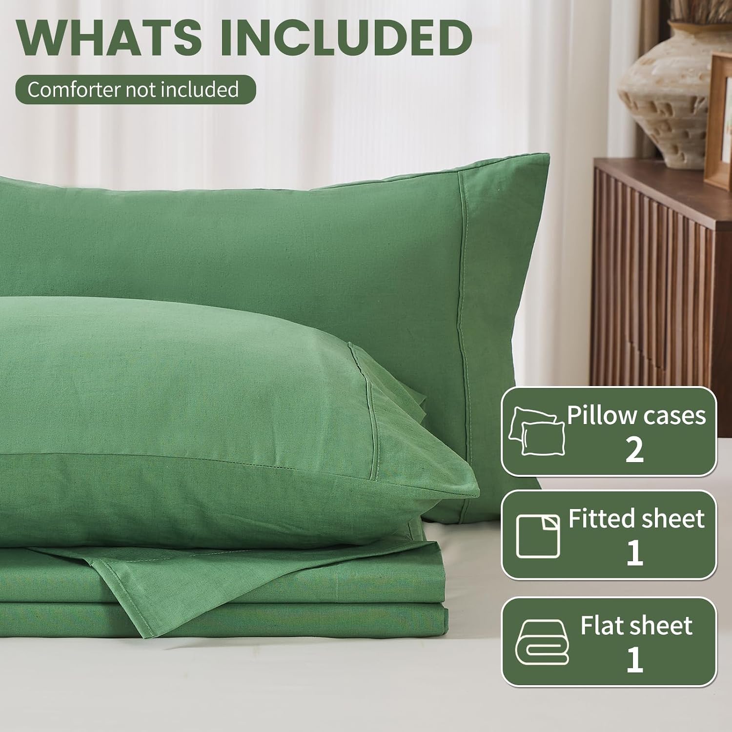 100% Linen Sheets Queen Size,Breathable & Durable 4-Piece Bed Flax Sheet Set,Soft All-Season Bedding for Hot Sleepers 16" Deep Pocket Oeko-TEX Certified,（Queen, Sage Green）
