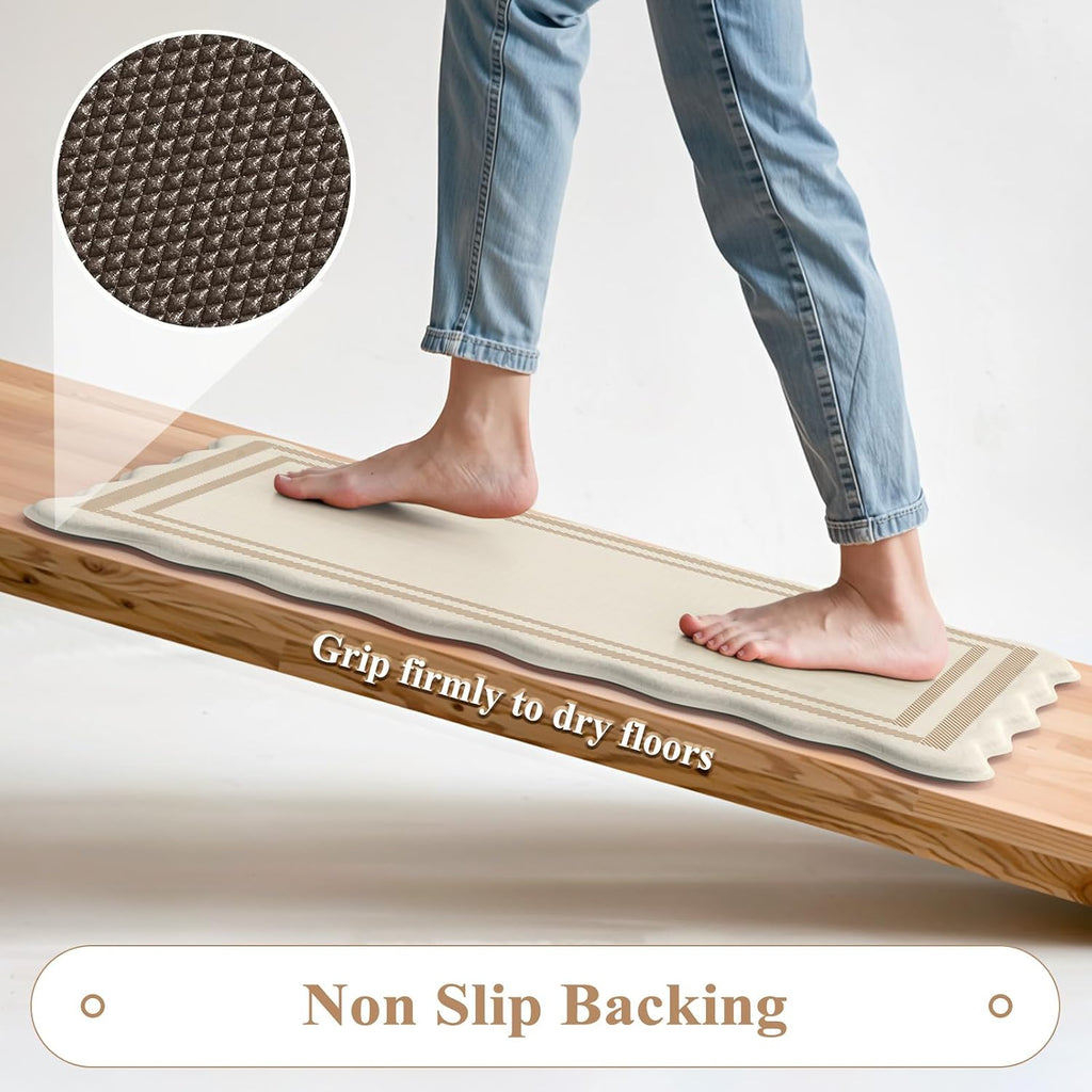 Beige Scalloped Boho 2-Piece Anti Fatigue Kitchen Mat Set