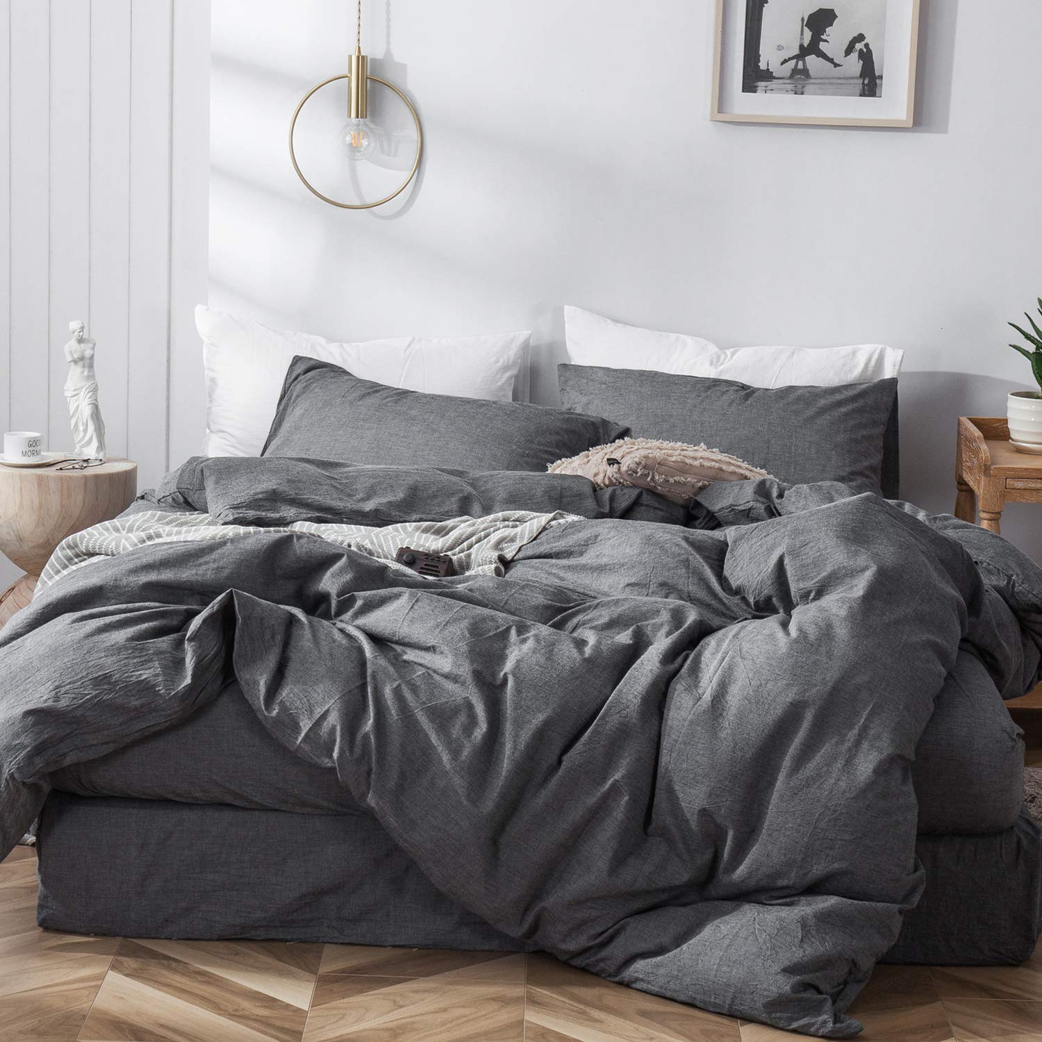 MooMee Bedding Duvet Cover Set 100% Washed Cotton Linen Like Textured Breathable Durable Soft Comfy (Solid Off White, Palatial King/Oversized King 120"x98")