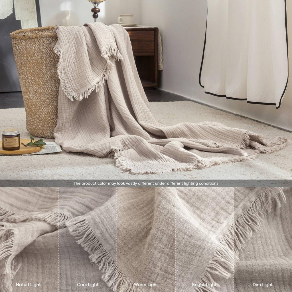 Beige Gray Fringe Cotton Muslin Blanket