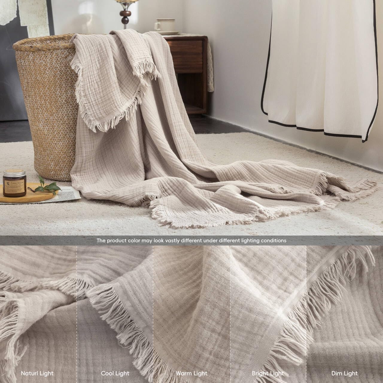 Beige Gray Fringe Cotton Muslin Blanket