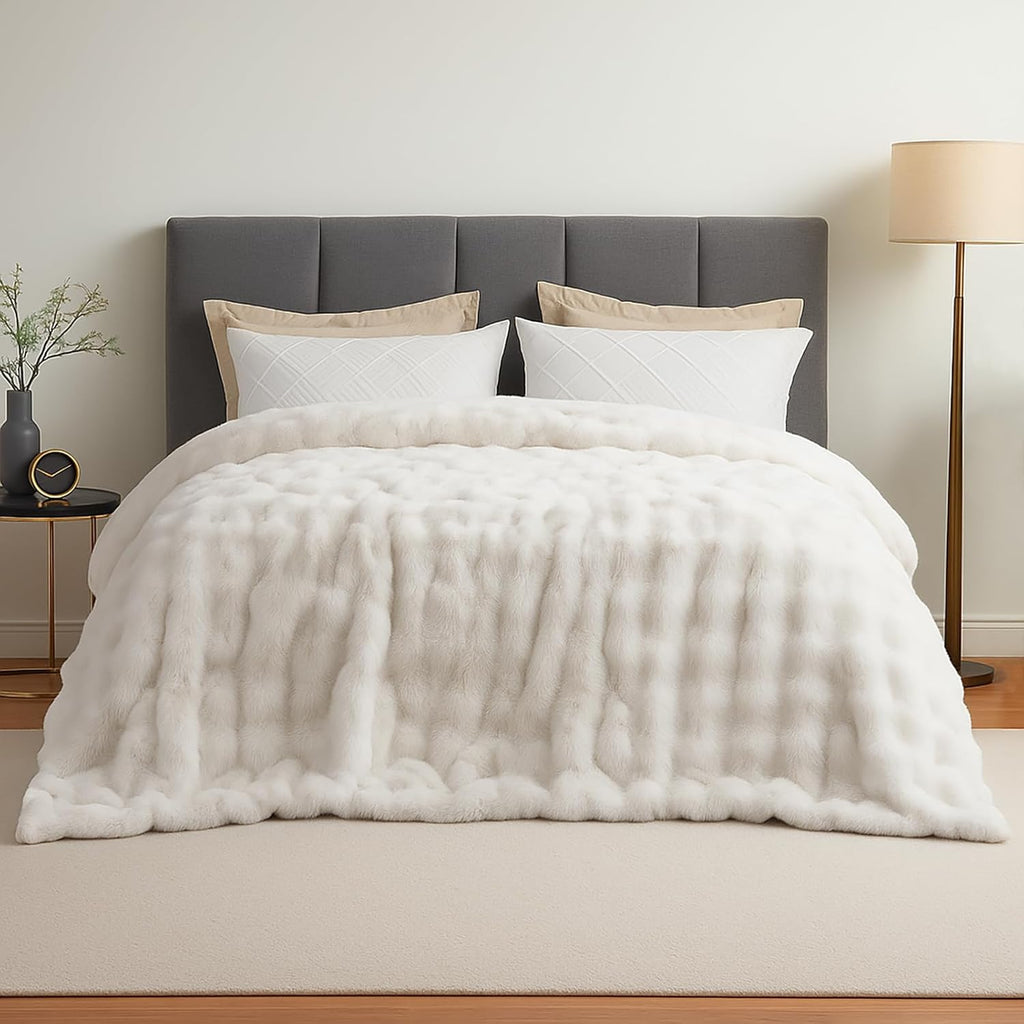 Cream White Faux Fur Bubble Throw Blanket