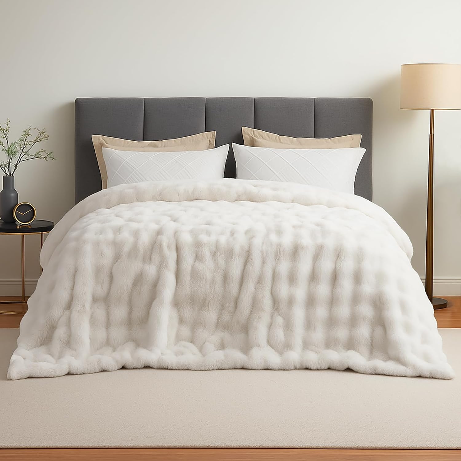 Cream White Faux Fur Bubble Throw Blanket