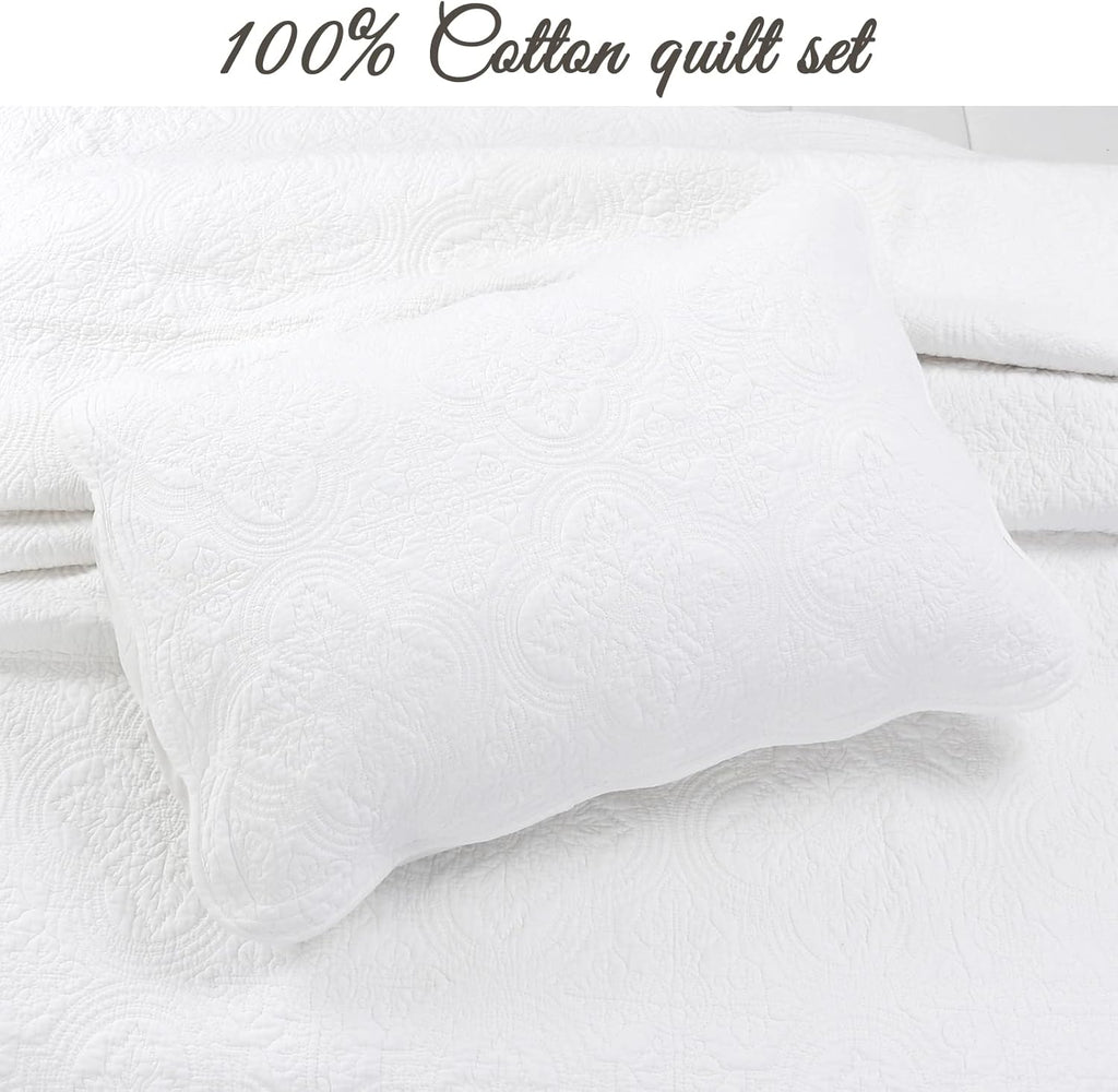 White Medallion Cotton Twin Quilt Set