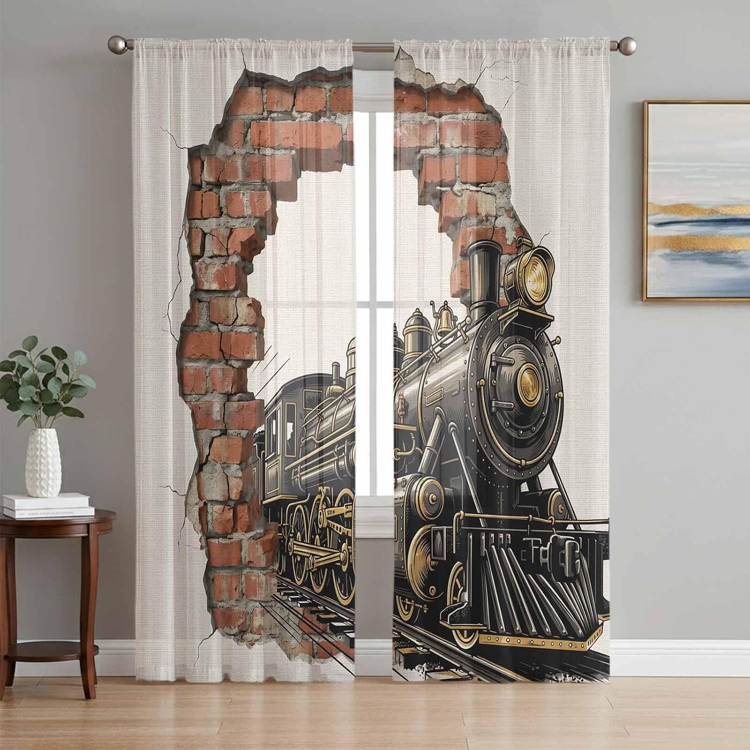 Vintage Steam Train Semi Sheer Curtains 96 inch length 2 panels set Cracked Brick Wall Rustic Industrial Kitchen Curtains Rod Pocket Sheer Drapes for Bedroom Living Room, Voile Window Treatment
