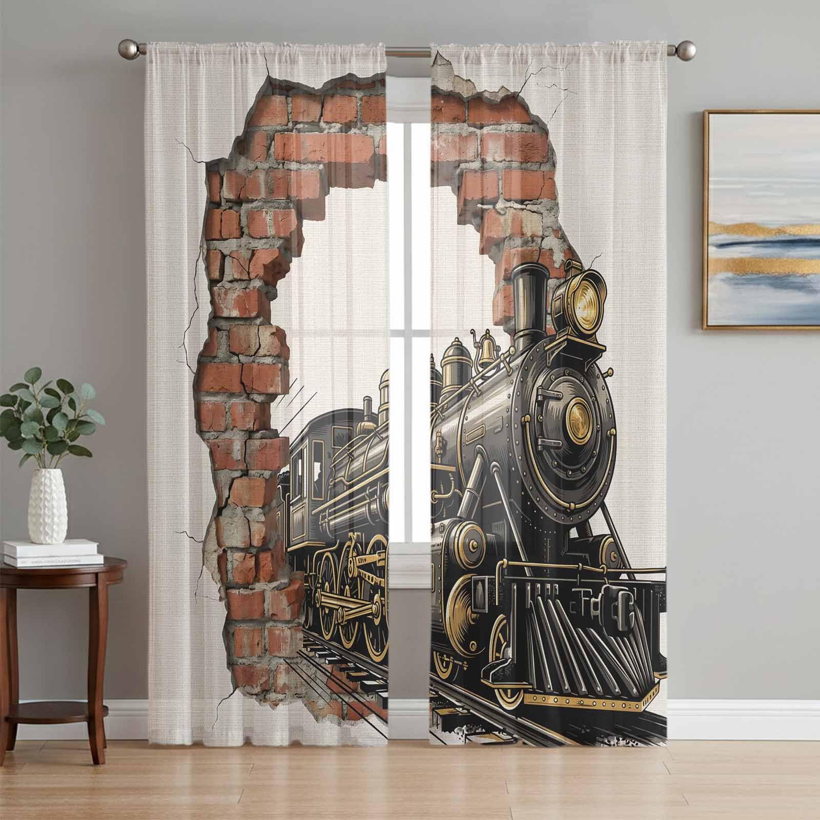 Vintage Steam Train Semi Sheer Curtains 96 inch length 2 panels set Cracked Brick Wall Rustic Industrial Kitchen Curtains Rod Pocket Sheer Drapes for Bedroom Living Room, Voile Window Treatment