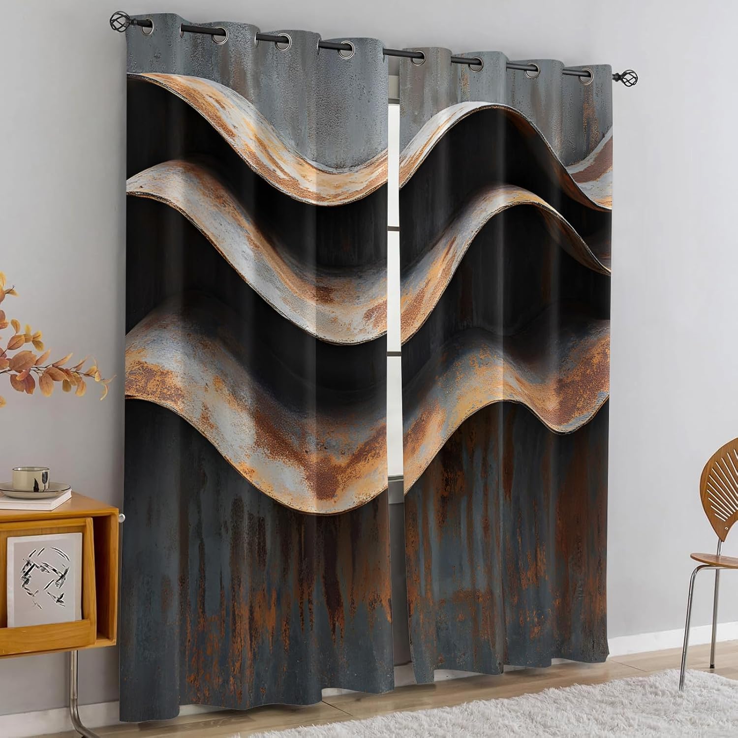 Wavy Stripes Curtains,Rusted Metal Blackout Curtains Industrial Style Grommet Drapes 2 Panels for Bedroom Living Room 31.5" W x 45" L x2