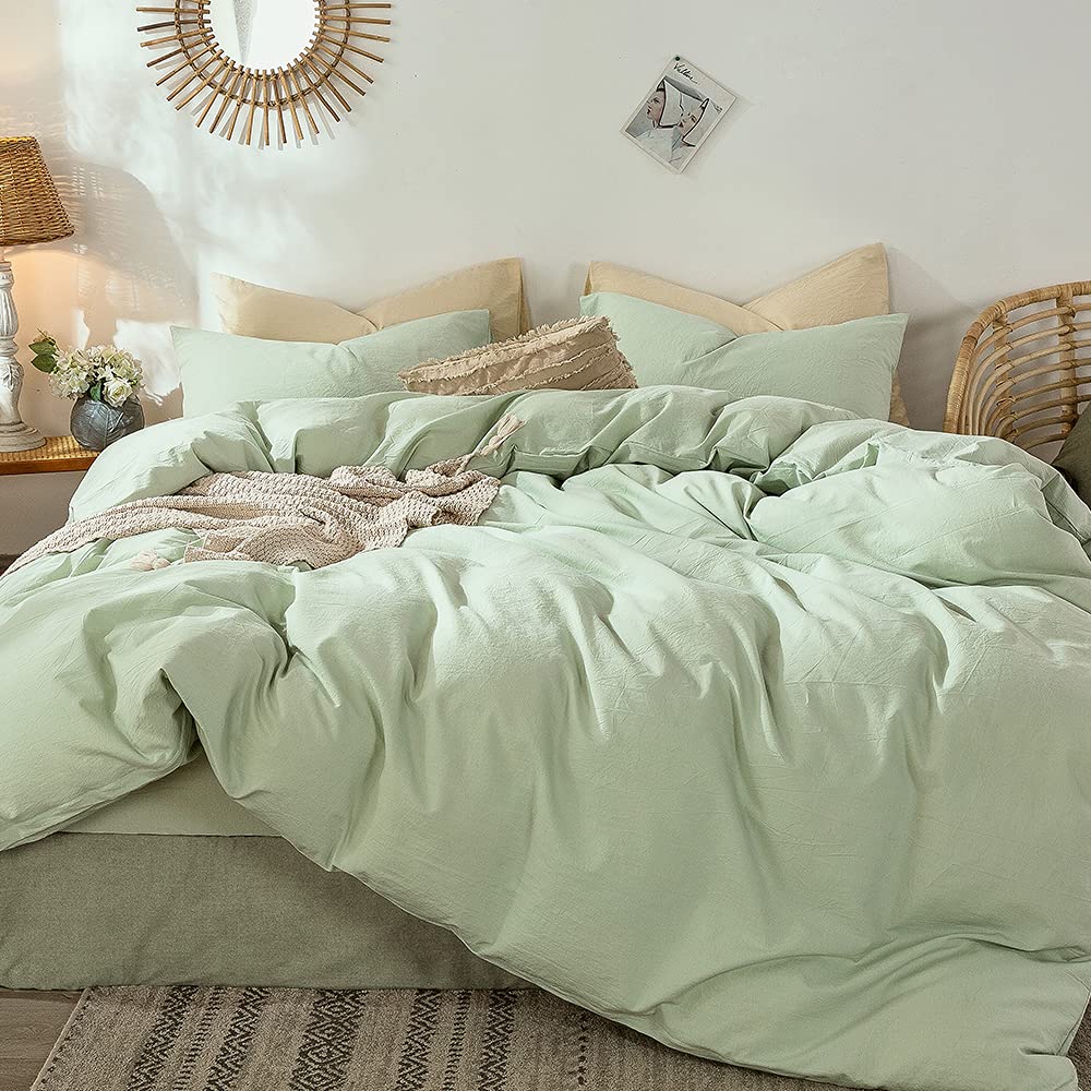 MooMee Bedding Duvet Cover Set 100% Washed Cotton Linen Like Textured Breathable Durable Soft Comfy (Solid Off White, Palatial King/Oversized King 120"x98")