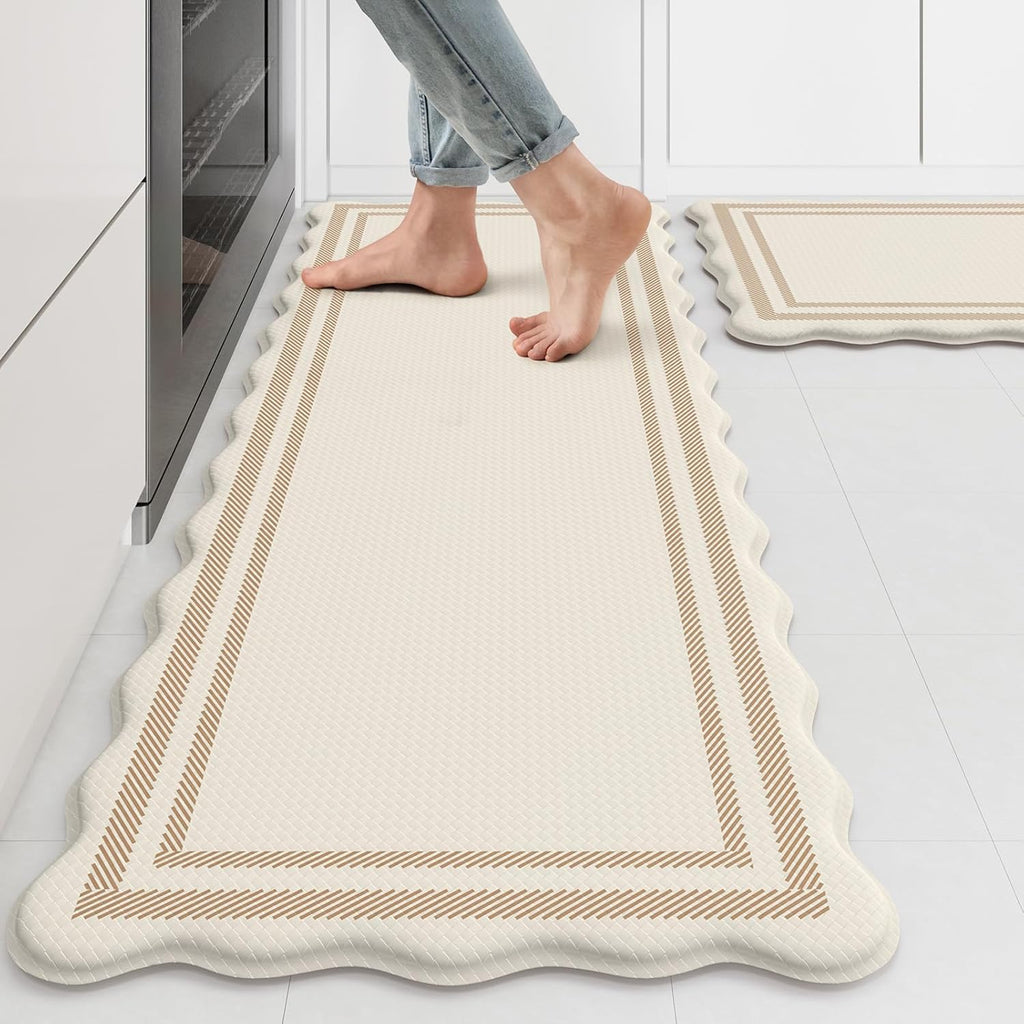 Beige Scalloped Boho 2-Piece Anti Fatigue Kitchen Mat Set