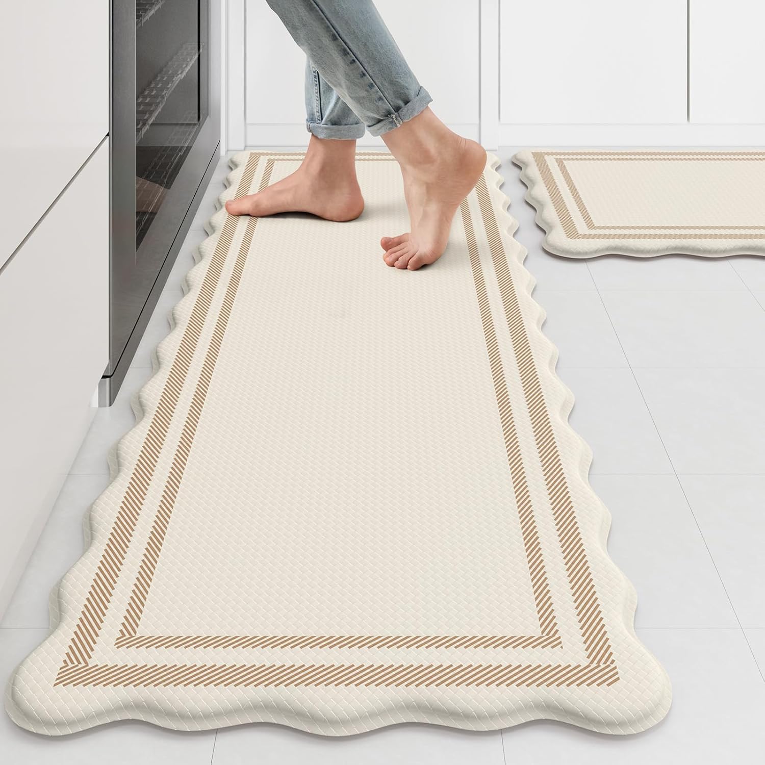 Beige Scalloped Boho 2-Piece Anti Fatigue Kitchen Mat Set