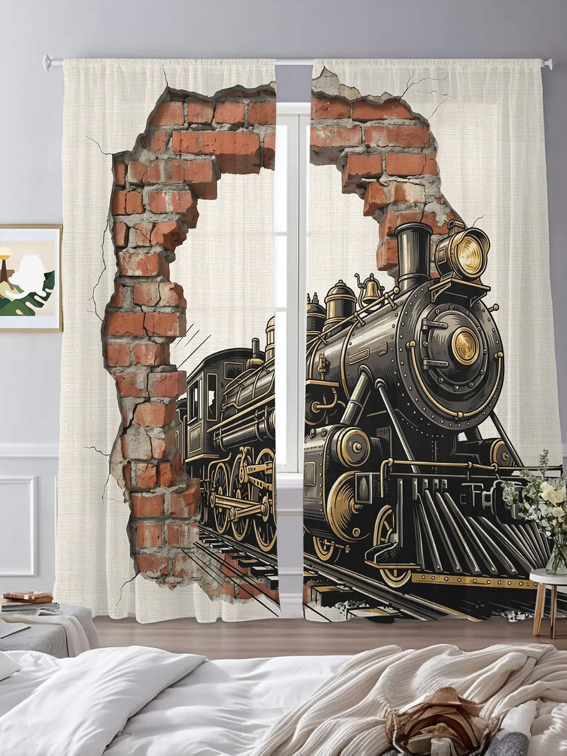 Vintage Steam Train Semi Sheer Curtains 96 inch length 2 panels set Cracked Brick Wall Rustic Industrial Kitchen Curtains Rod Pocket Sheer Drapes for Bedroom Living Room, Voile Window Treatment