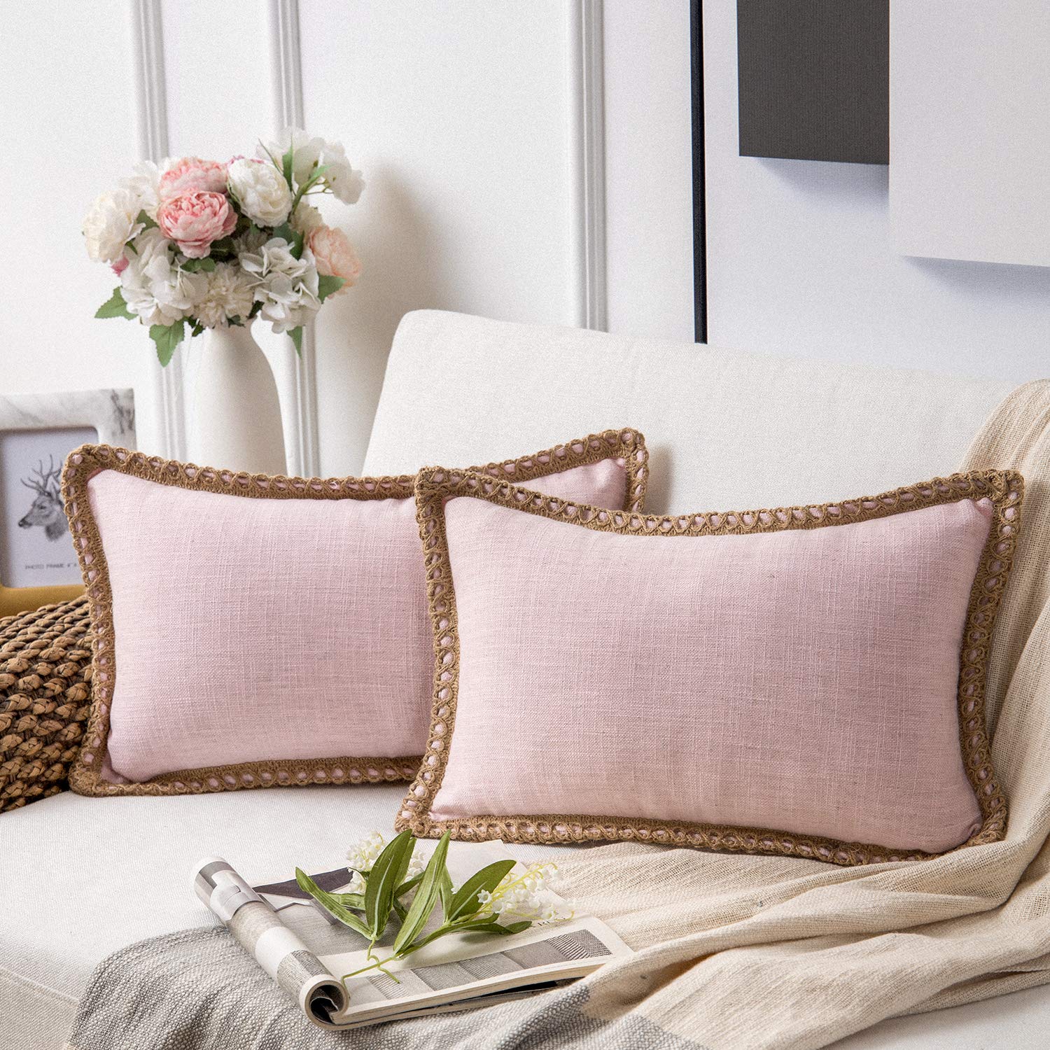 Phantoscope Pack of 2 Farmhouse Decorative Solid Pillow Cover Burlap Linen Trimmed Tailored Edges, Black, 24 x 24 inches, 60 x 60 cm