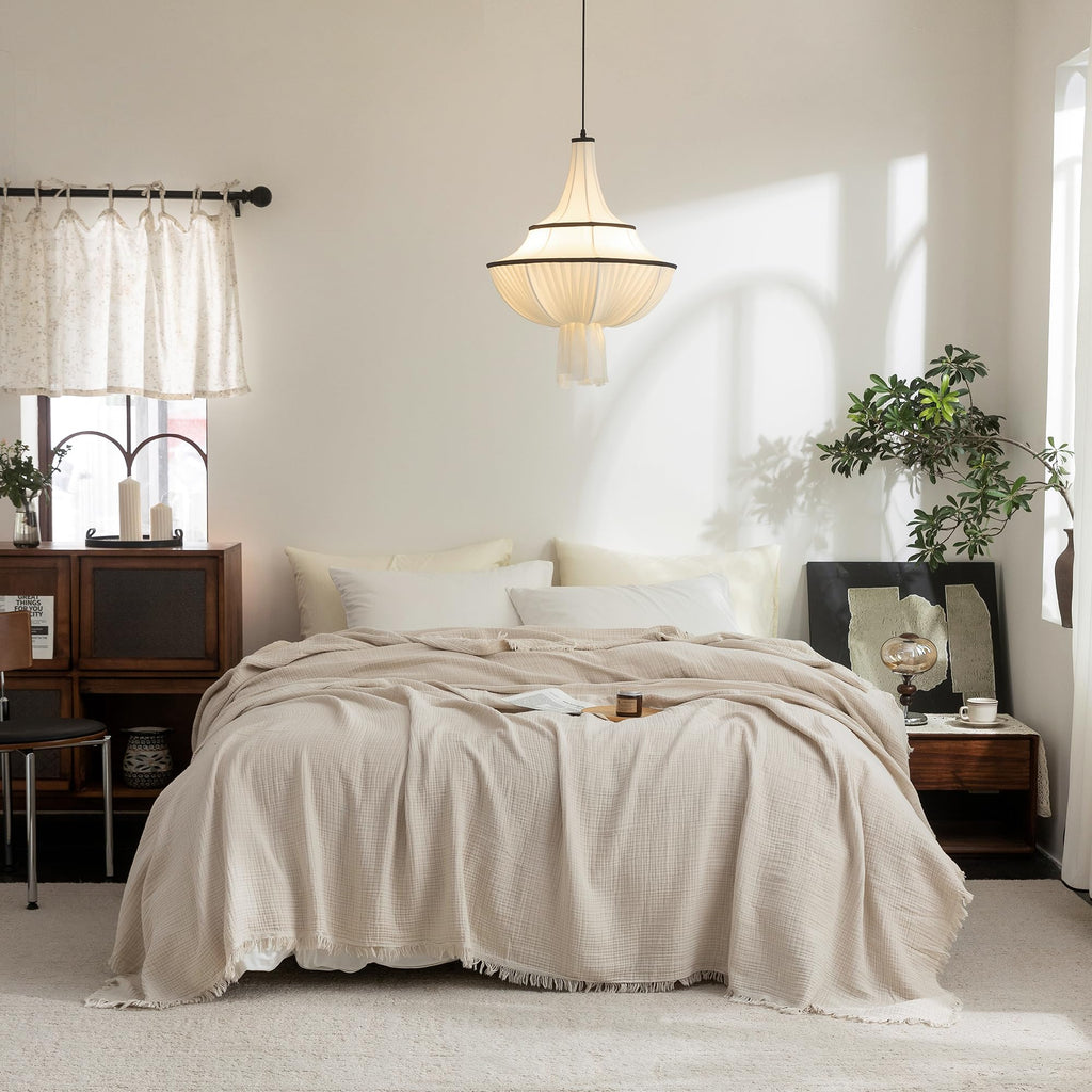 Beige Gray Fringe Cotton Muslin Blanket