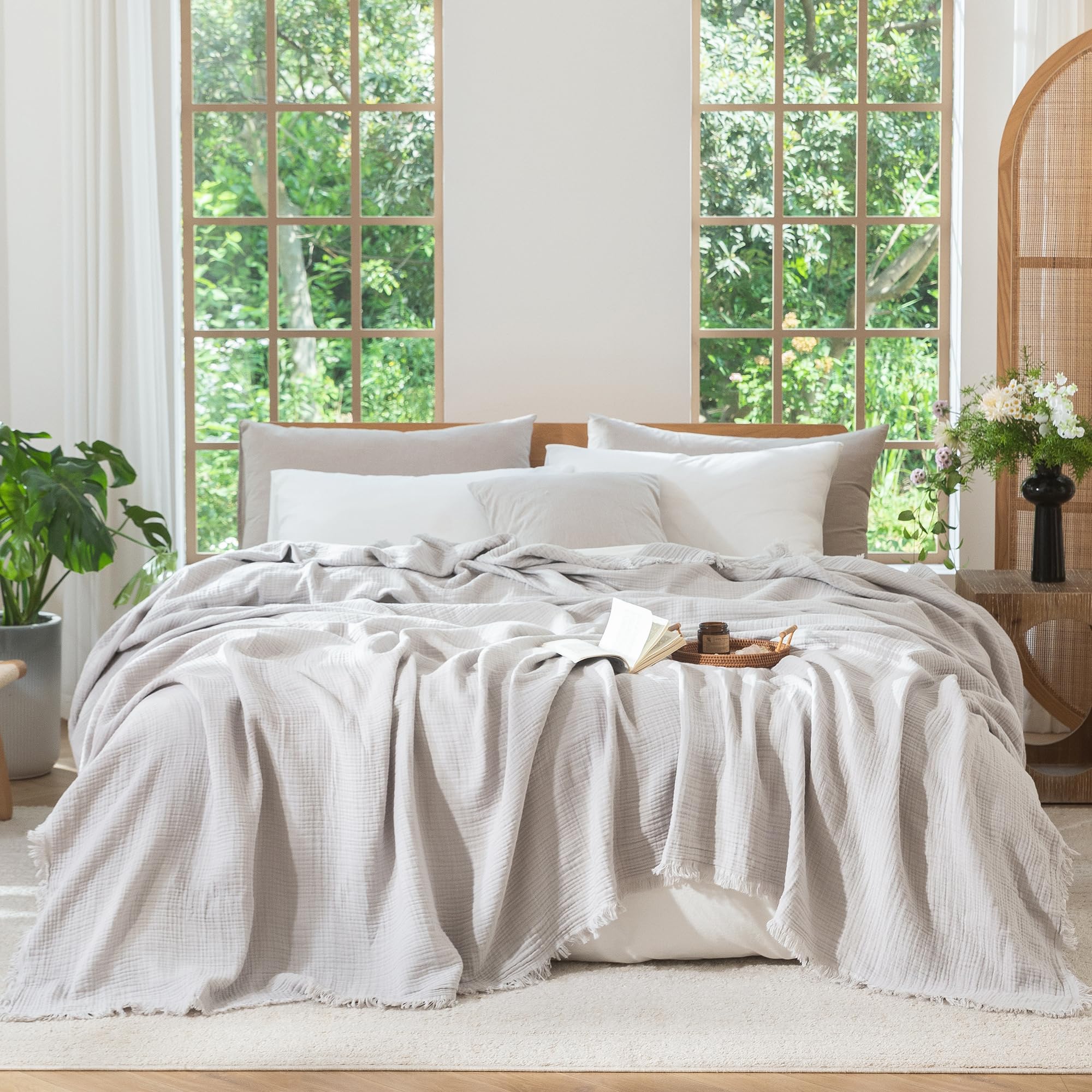 MooMee Muslin Blanket - 100% Cotton 4-Layer Gauze Throw Blanket with All-Around Fringe, Soft Breathable Lightweight Cooling Summer Blankets for Bed Couch (Cream Grey,Super King 108" x 98")