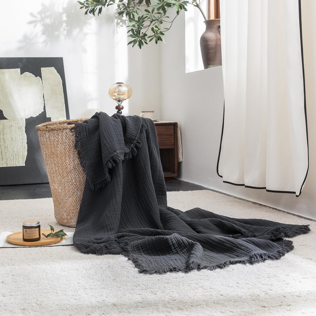 Beige Gray Fringe Cotton Muslin Blanket