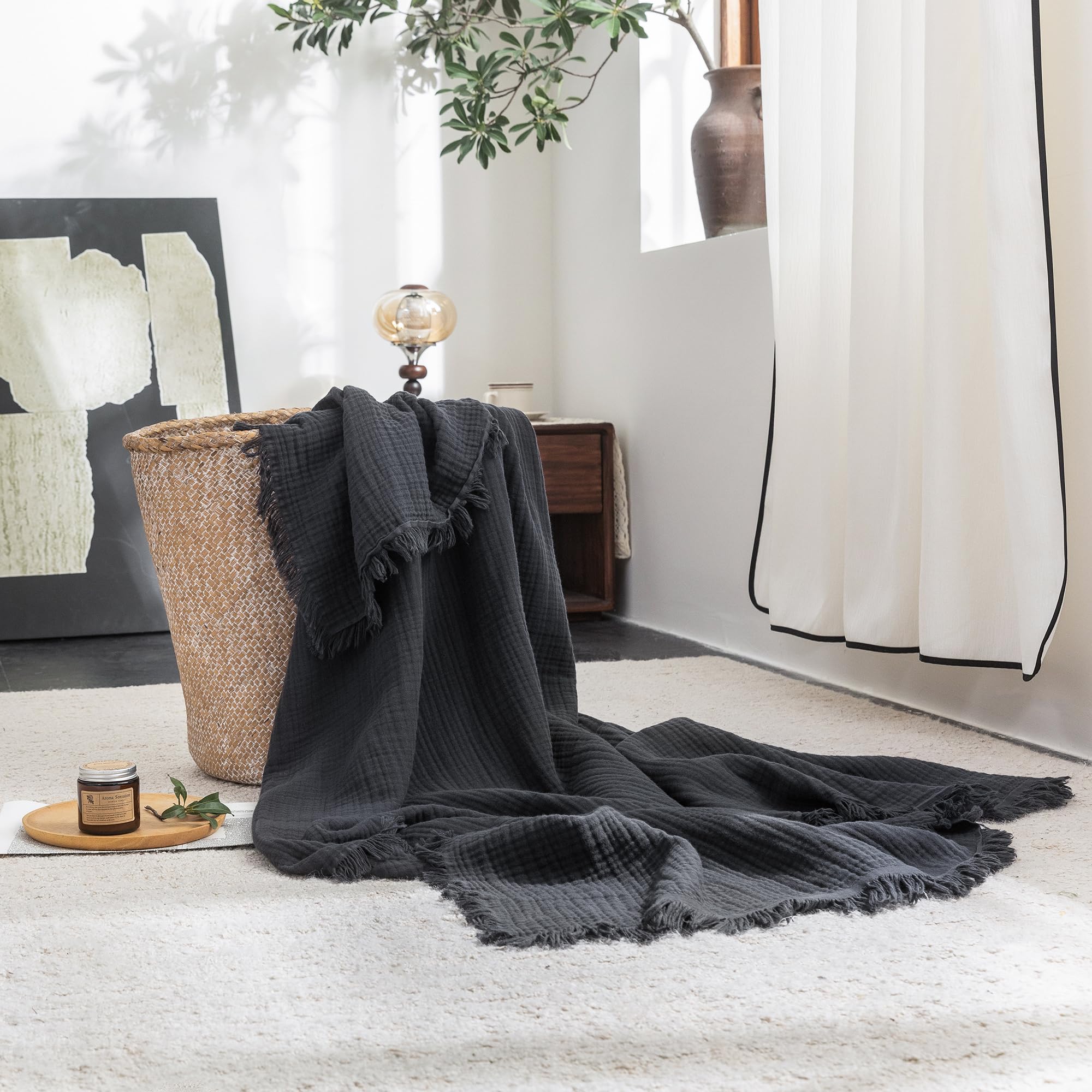 Beige Gray Fringe Cotton Muslin Blanket