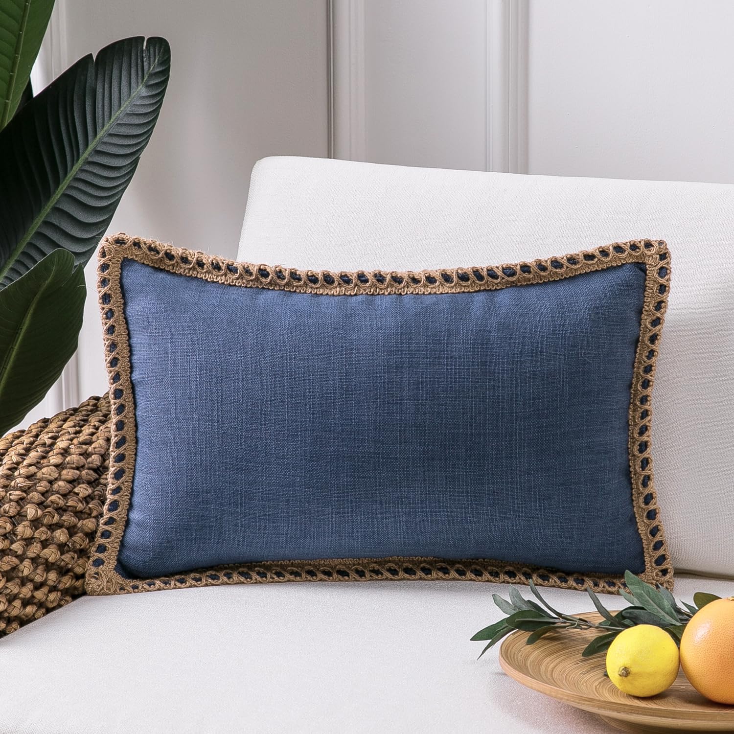 Phantoscope Pack of 2 Farmhouse Decorative Solid Pillow Cover Burlap Linen Trimmed Tailored Edges, Black, 24 x 24 inches, 60 x 60 cm