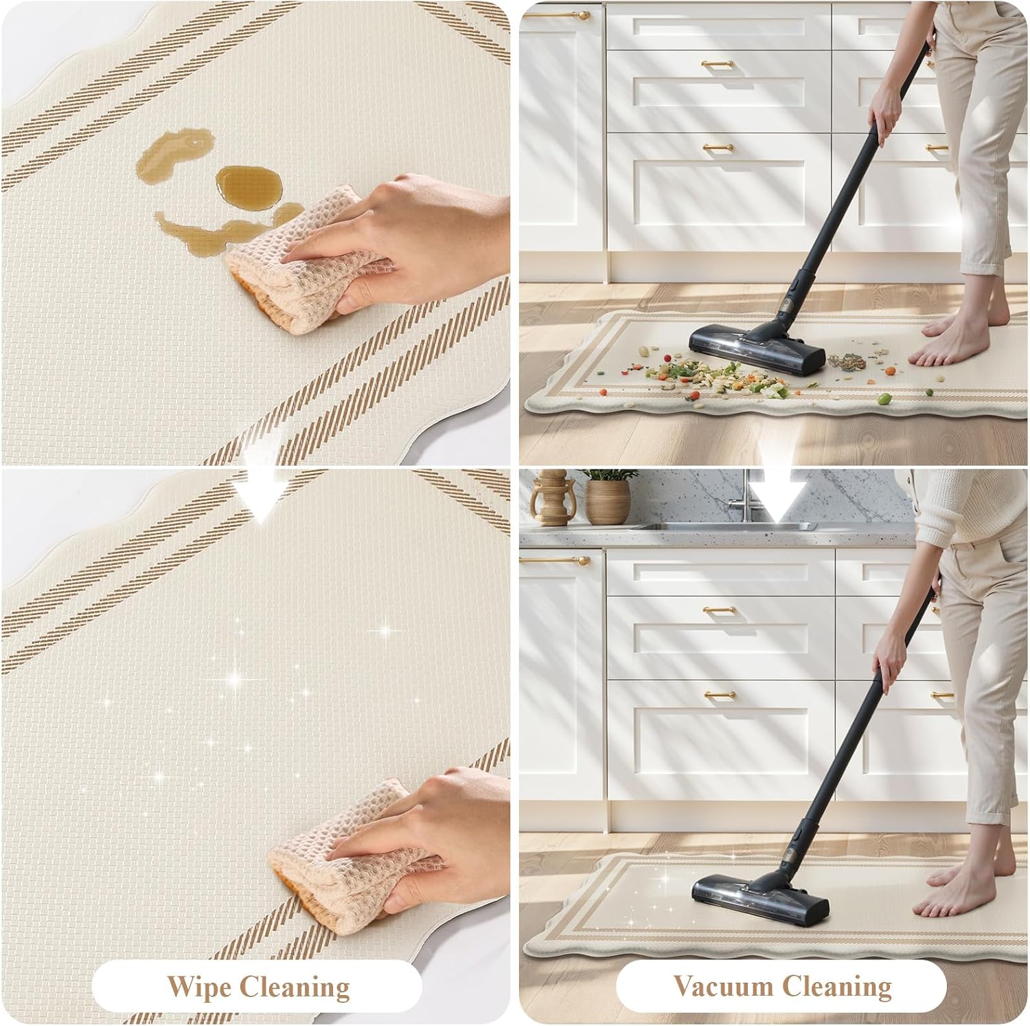 Beige Scalloped Boho 2-Piece Anti Fatigue Kitchen Mat Set