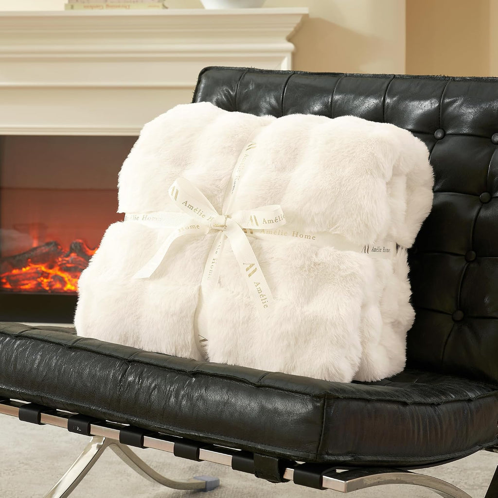Cream White Faux Fur Bubble Throw Blanket