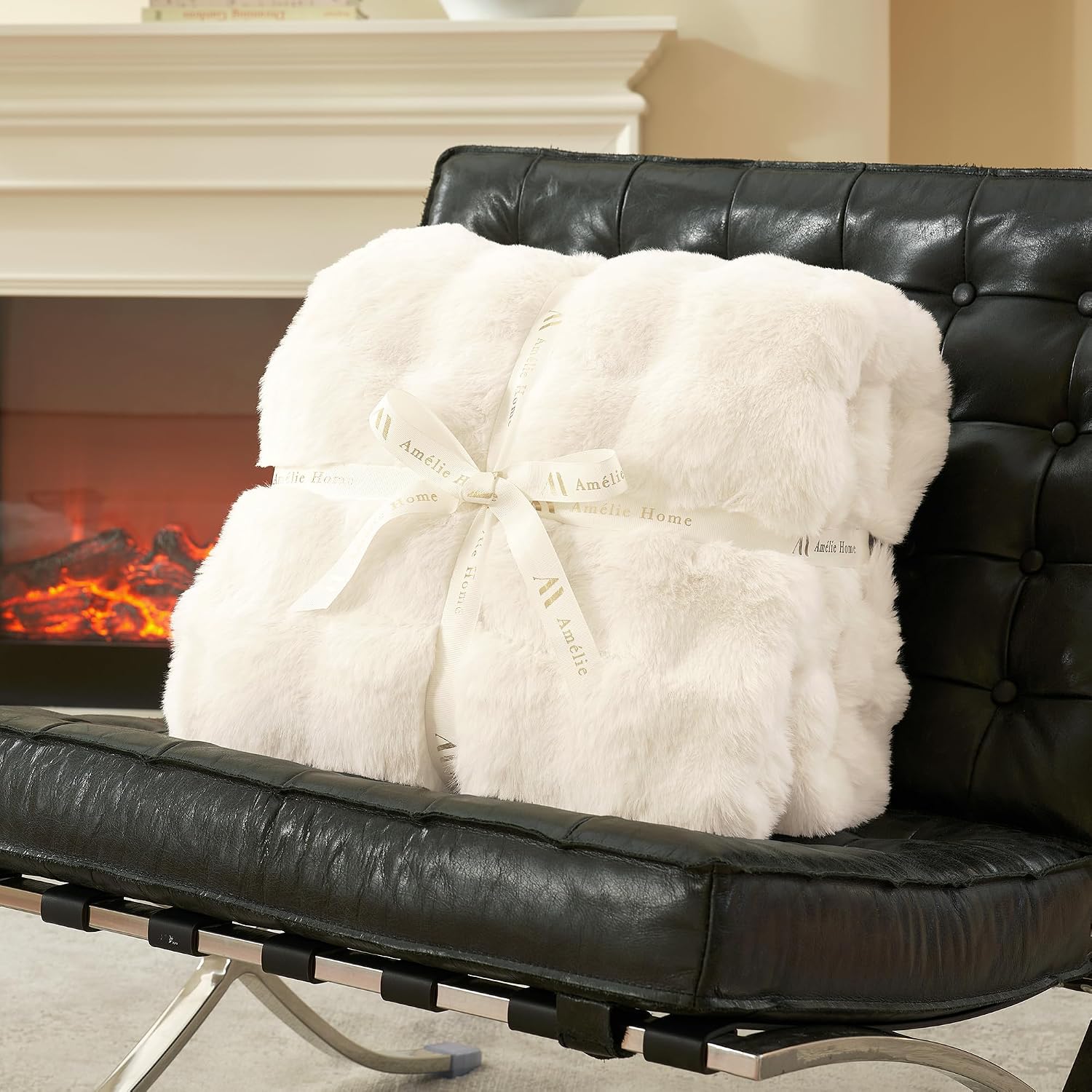Cream White Faux Fur Bubble Throw Blanket