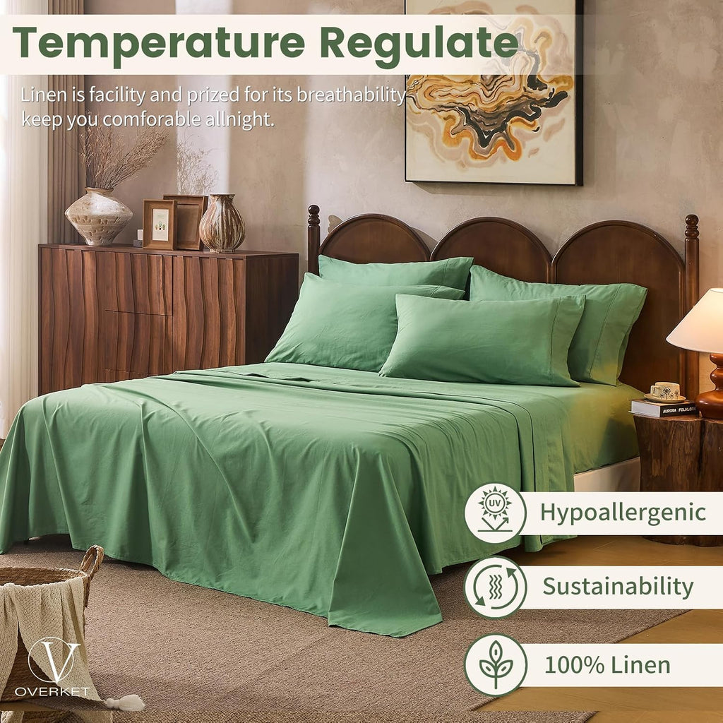 100% Linen Sheets Queen Size,Breathable & Durable 4-Piece Bed Flax Sheet Set,Soft All-Season Bedding for Hot Sleepers 16" Deep Pocket Oeko-TEX Certified,（Queen, Sage Green）