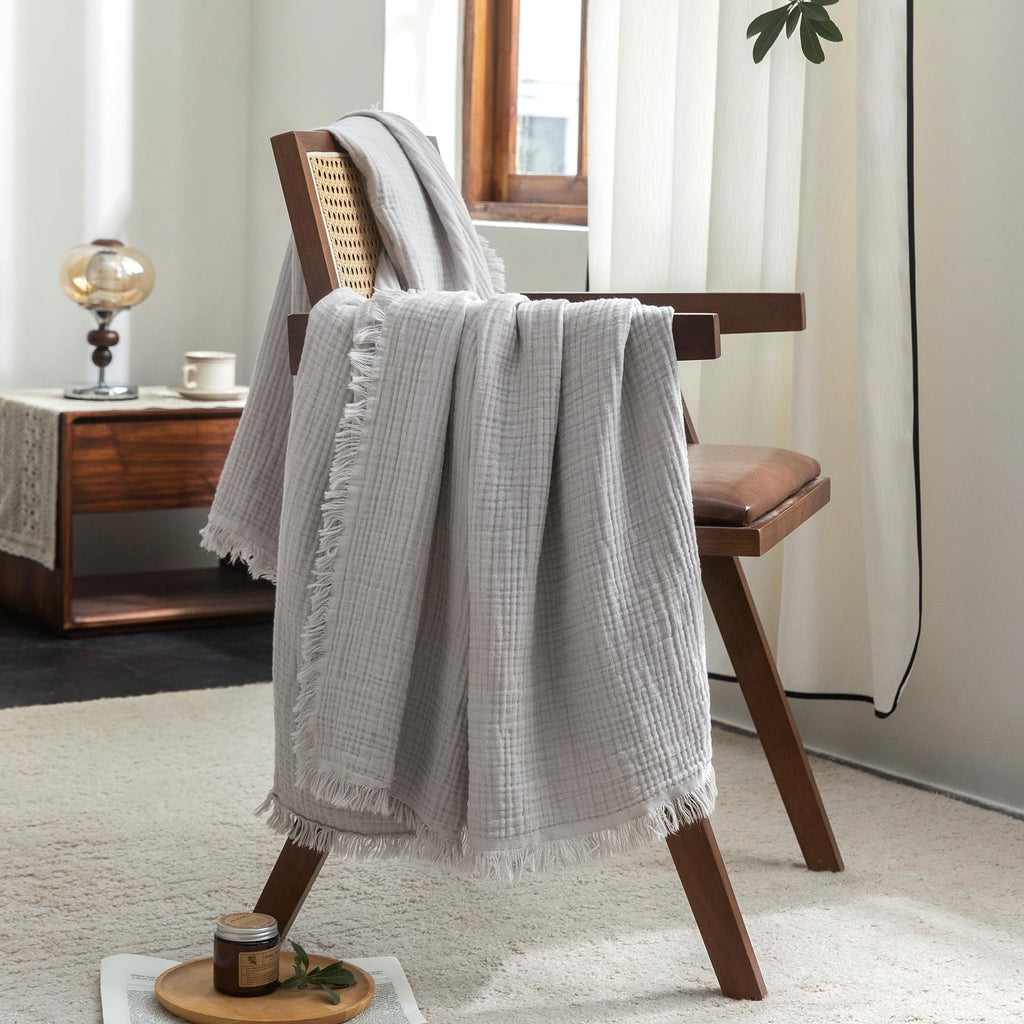 Beige Gray Fringe Cotton Muslin Blanket