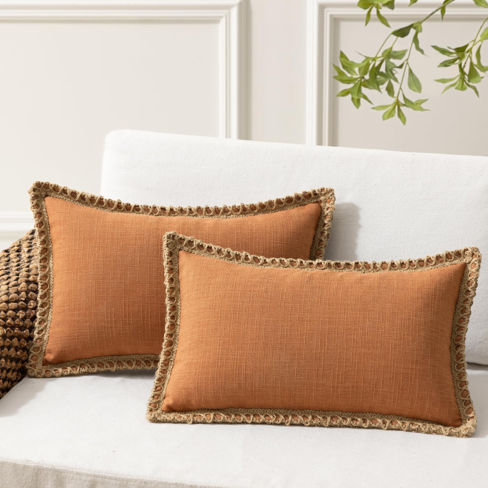 Phantoscope Pack of 2 Farmhouse Decorative Solid Pillow Cover Burlap Linen Trimmed Tailored Edges, Black, 24 x 24 inches, 60 x 60 cm