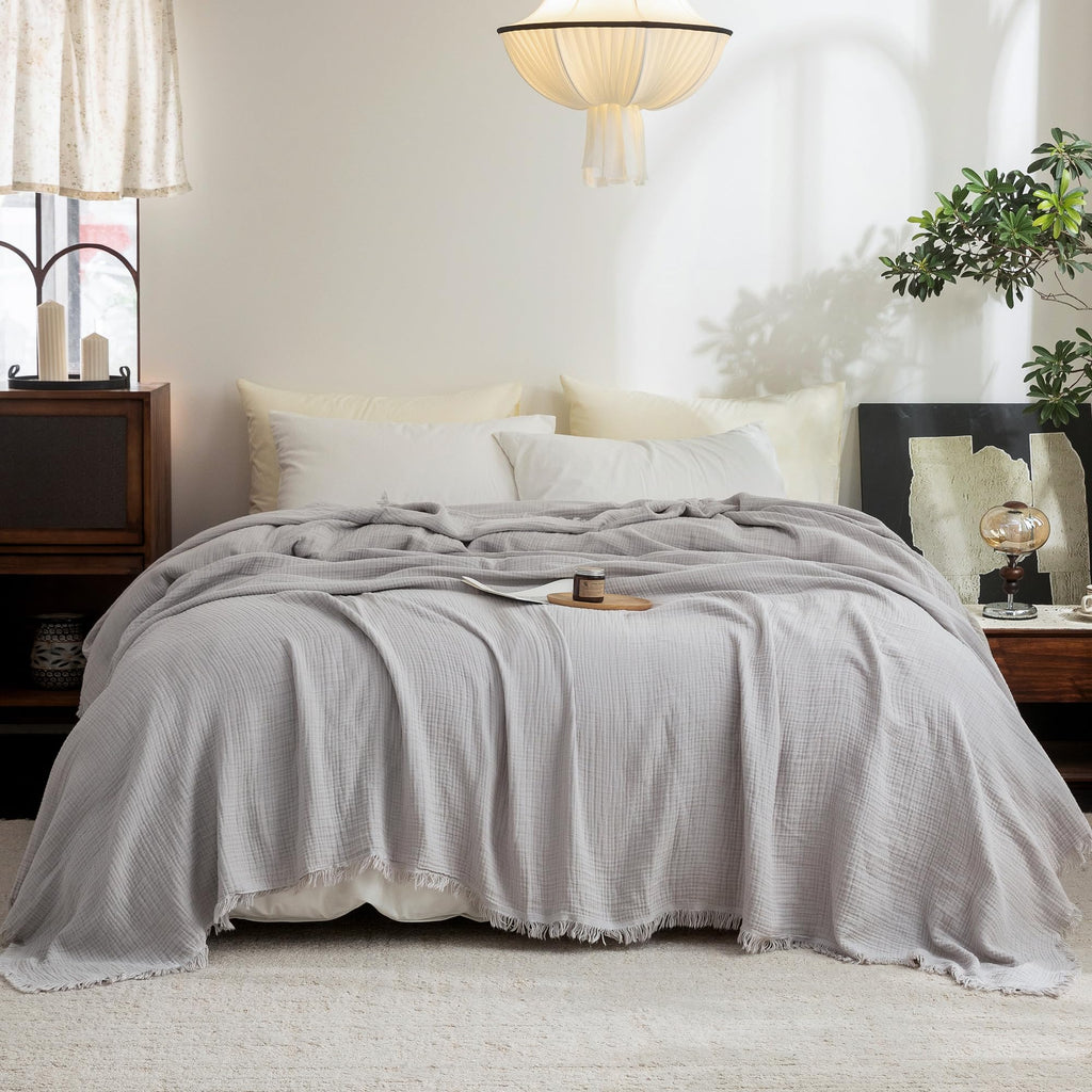 Beige Gray Fringe Cotton Muslin Blanket