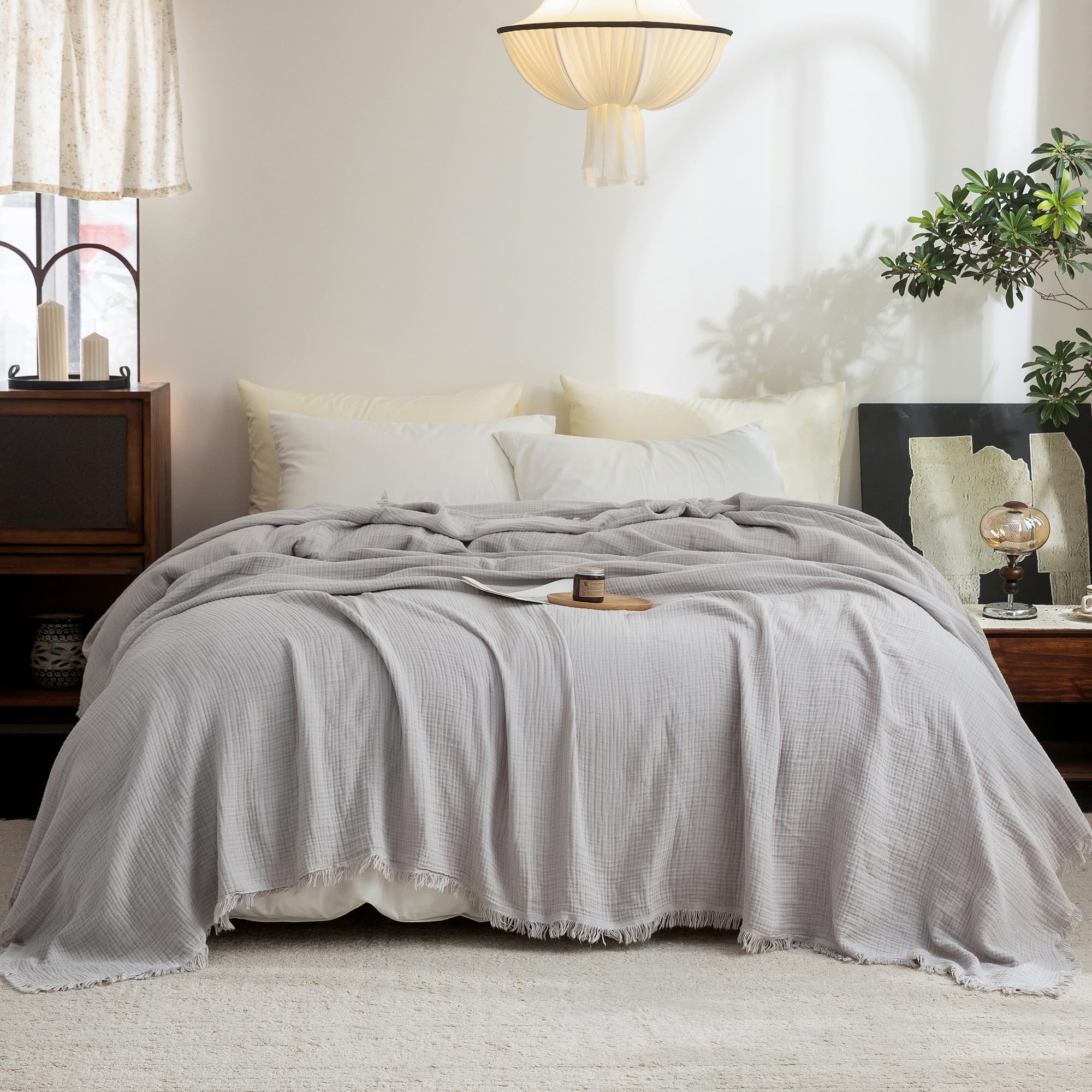 Beige Gray Fringe Cotton Muslin Blanket