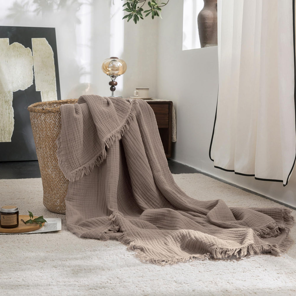 Beige Gray Fringe Cotton Muslin Blanket