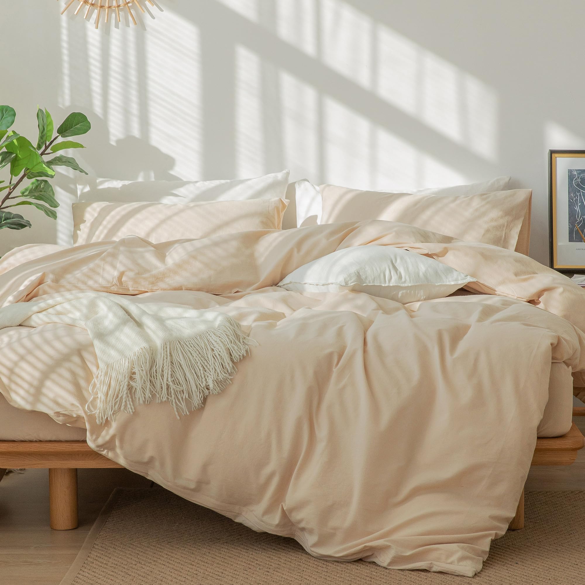 MooMee Bedding Duvet Cover Set 100% Washed Cotton Linen Like Textured Breathable Durable Soft Comfy (Solid Off White, Palatial King/Oversized King 120"x98")