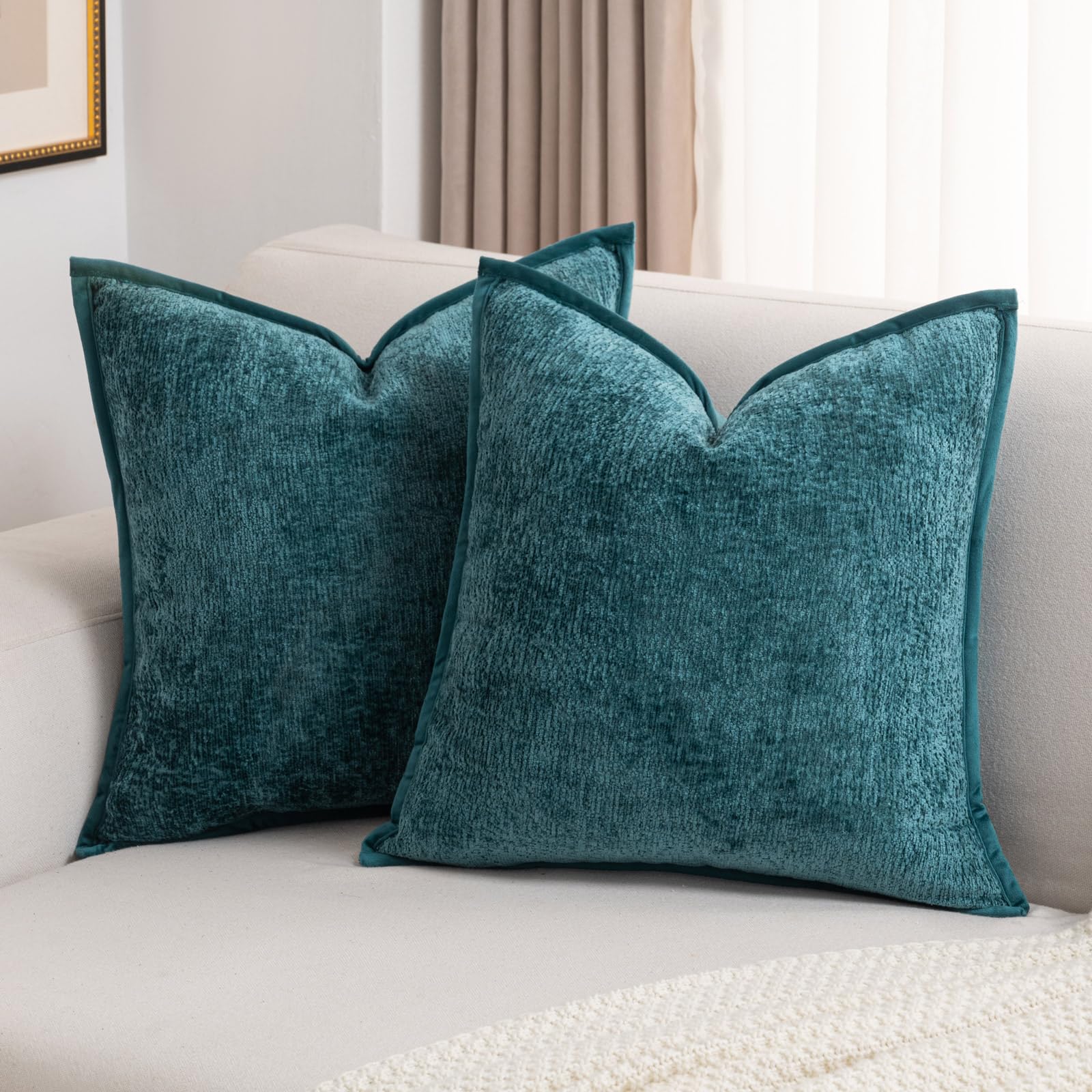FUTEI Light Blue Chenille Throw Pillow Covers 26x26 Inch Set of 2,Soft Cozy Bound Edge Design Euro Pillow Sham,Home Decor for Couch Bed Living Room