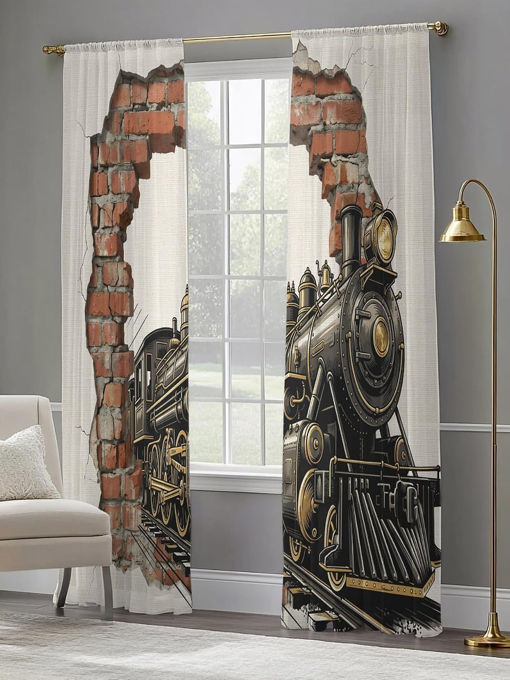 Vintage Steam Train Semi Sheer Curtains 96 inch length 2 panels set Cracked Brick Wall Rustic Industrial Kitchen Curtains Rod Pocket Sheer Drapes for Bedroom Living Room, Voile Window Treatment