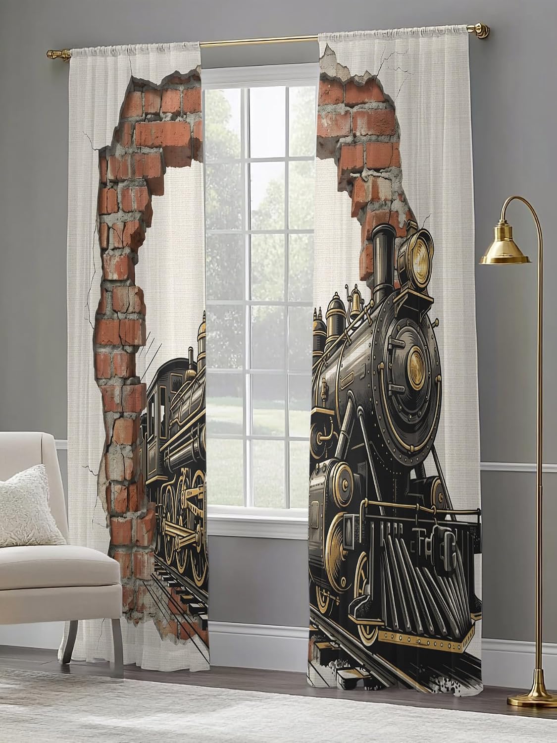 Vintage Steam Train Semi Sheer Curtains 96 inch length 2 panels set Cracked Brick Wall Rustic Industrial Kitchen Curtains Rod Pocket Sheer Drapes for Bedroom Living Room, Voile Window Treatment