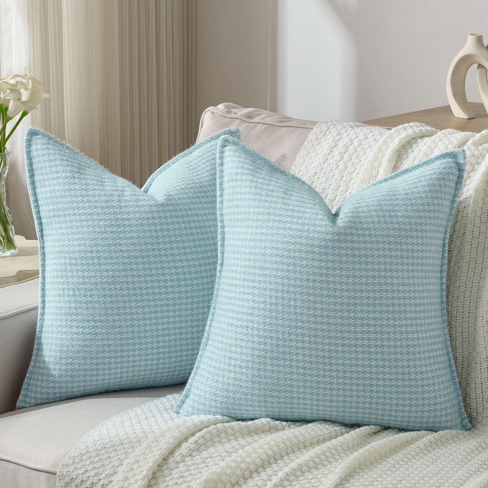 FUTEI Pack of 2 Houndstooth Throw Pillow Covers 26x26 Inch Soft Chenille Gingham Textured Farmhouse Decorative Euro Pillow Shams Modern Home Decor for Couch Bedroom Living Room, Grayish Blue