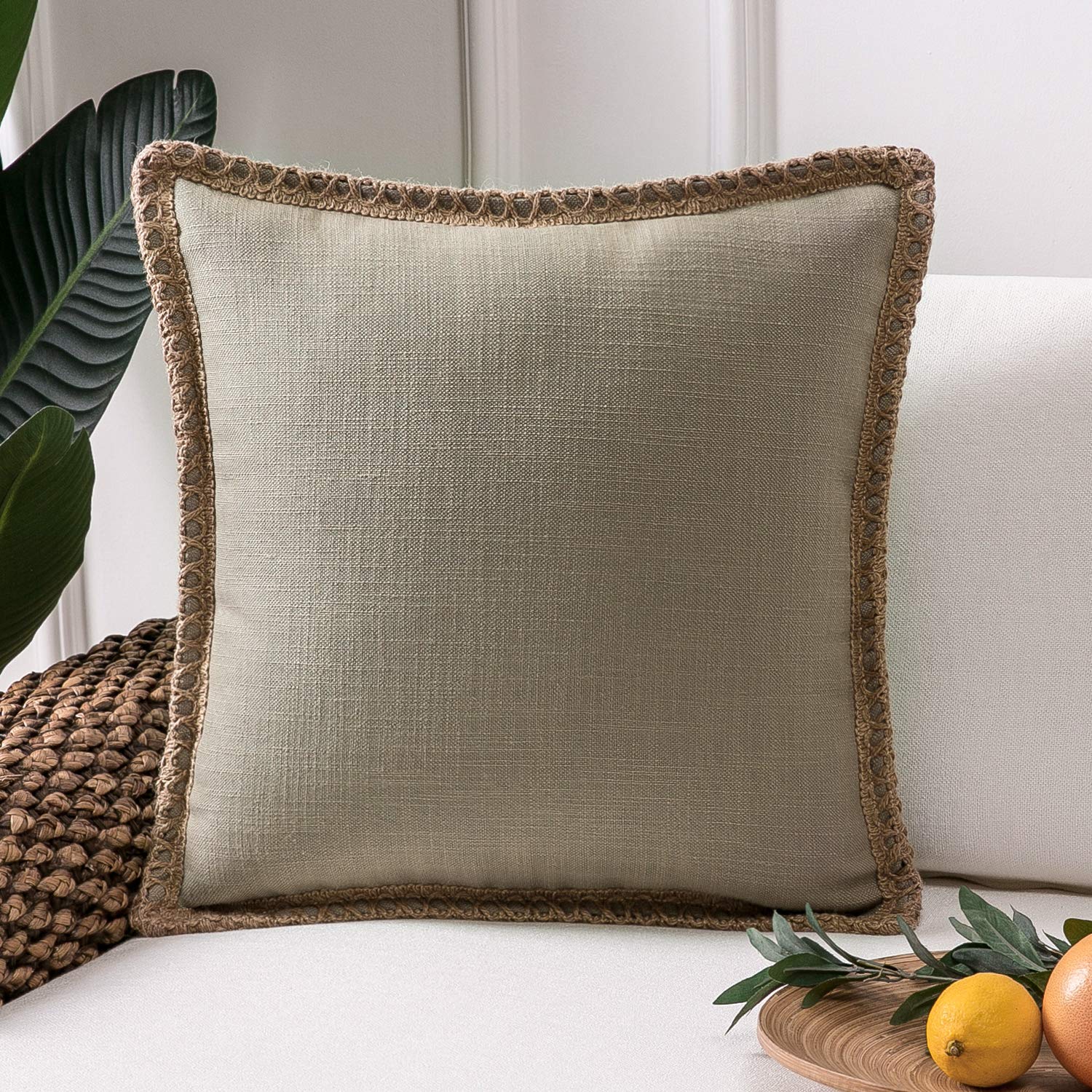 Phantoscope Pack of 2 Farmhouse Decorative Solid Pillow Cover Burlap Linen Trimmed Tailored Edges, Black, 24 x 24 inches, 60 x 60 cm