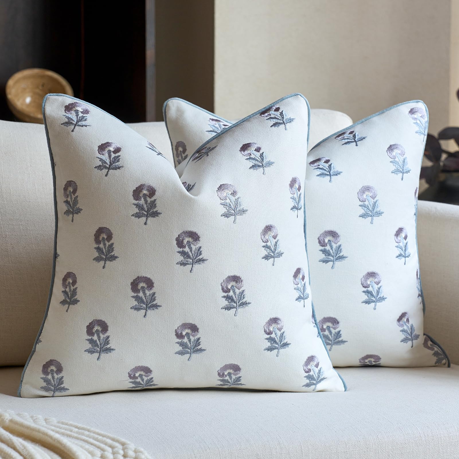 FIOUOVO Embroidered Floral Pillow Covers 24x 24 Set of 2 Cotton Farmhouse Throw Pillow Covers with Piping Edge Decorative Cushion Covers for Sofa Couch Bedroom Living Room, Olive Green