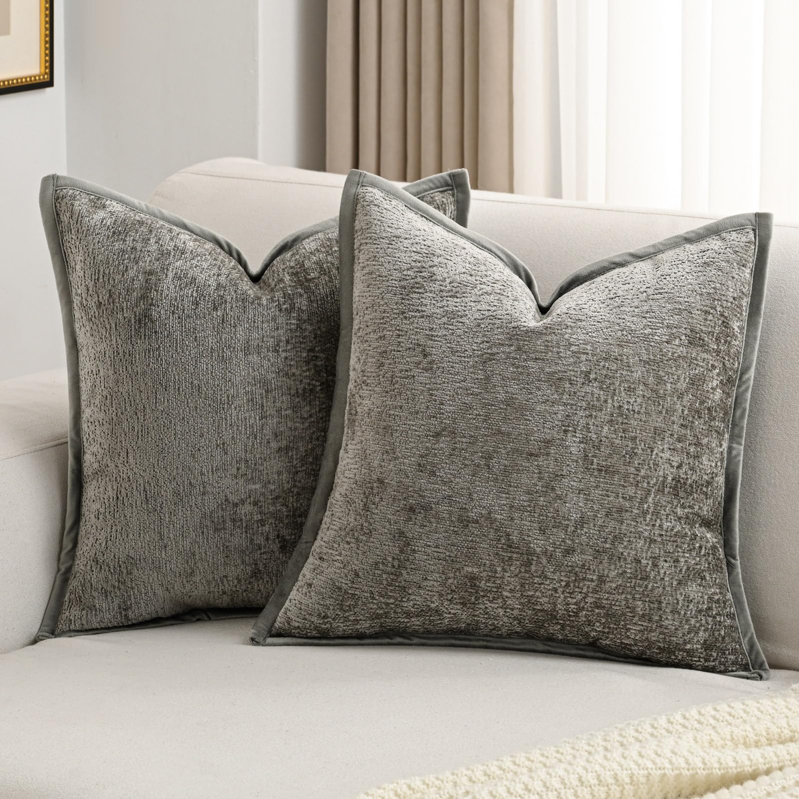 FUTEI Light Blue Chenille Throw Pillow Covers 26x26 Inch Set of 2,Soft Cozy Bound Edge Design Euro Pillow Sham,Home Decor for Couch Bed Living Room