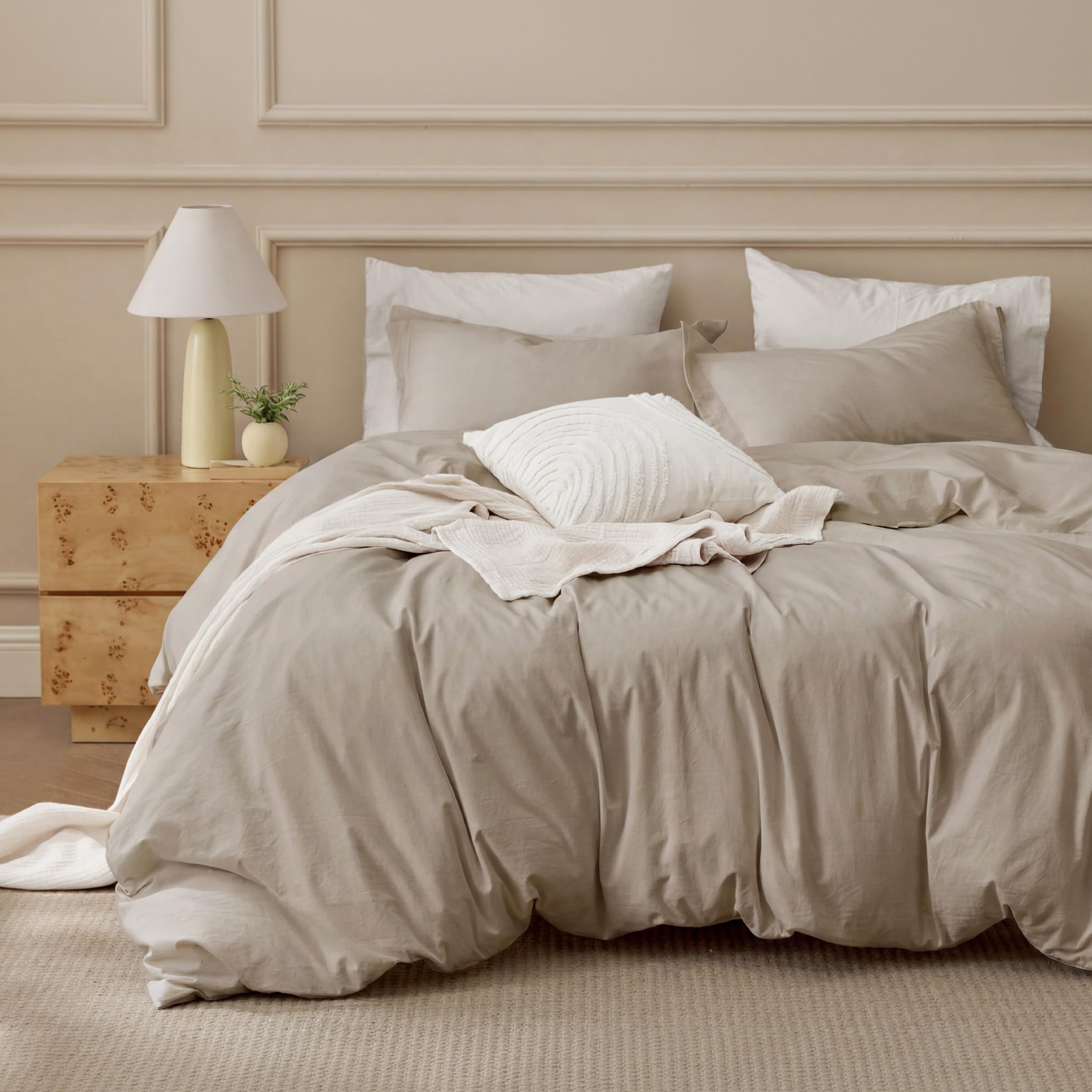 Bedsure 100% Washed Cotton Duvet Cover Oversized King - Natural Minimalist Bedding Set Linen Like - PureWoven Plain Simple & Soft Comforter Cover for All Seasons (Natural, Oversized King, 120"x98")