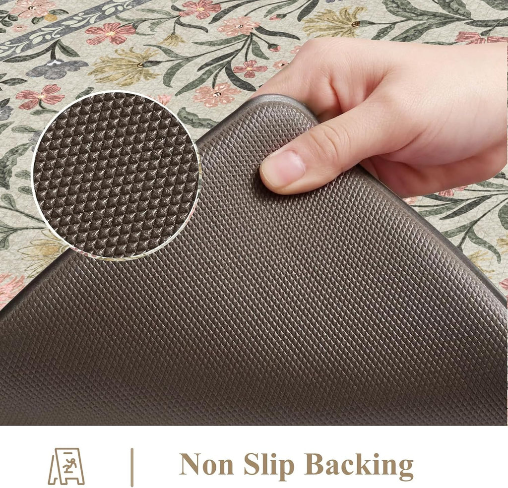Beige Floral 2-Piece Anti Fatigue Kitchen Mat Set
